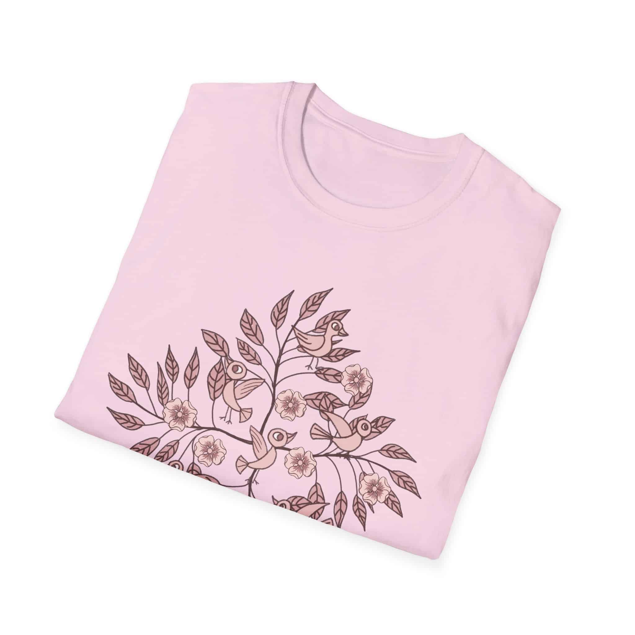 Floral Bird Branch T‑Shirt — Vintage Rose Botanical Graphic Tee