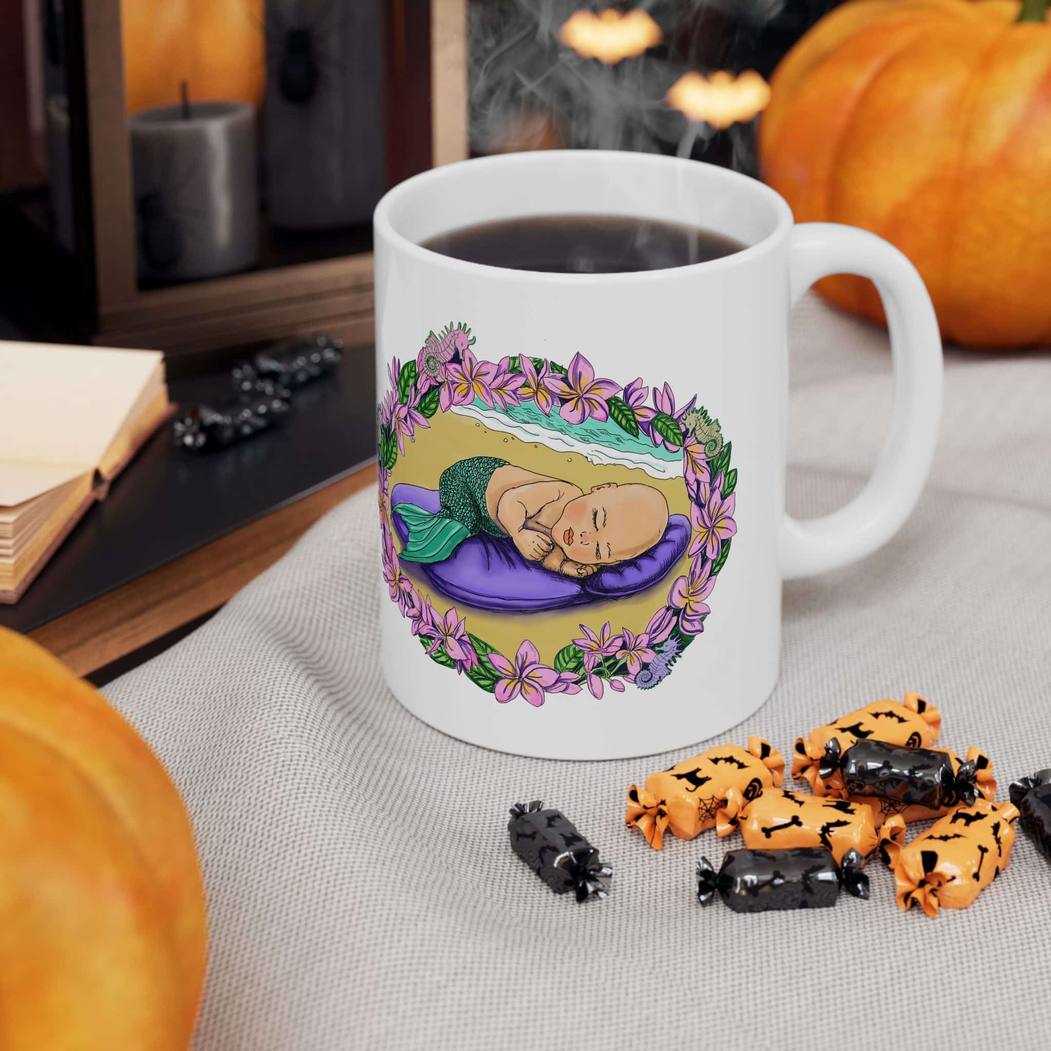 Mermaid Infant Ceramic Mug — Cute Sleeping Baby Mermaid in Floral Wreath (11oz & 15oz) - Image 4