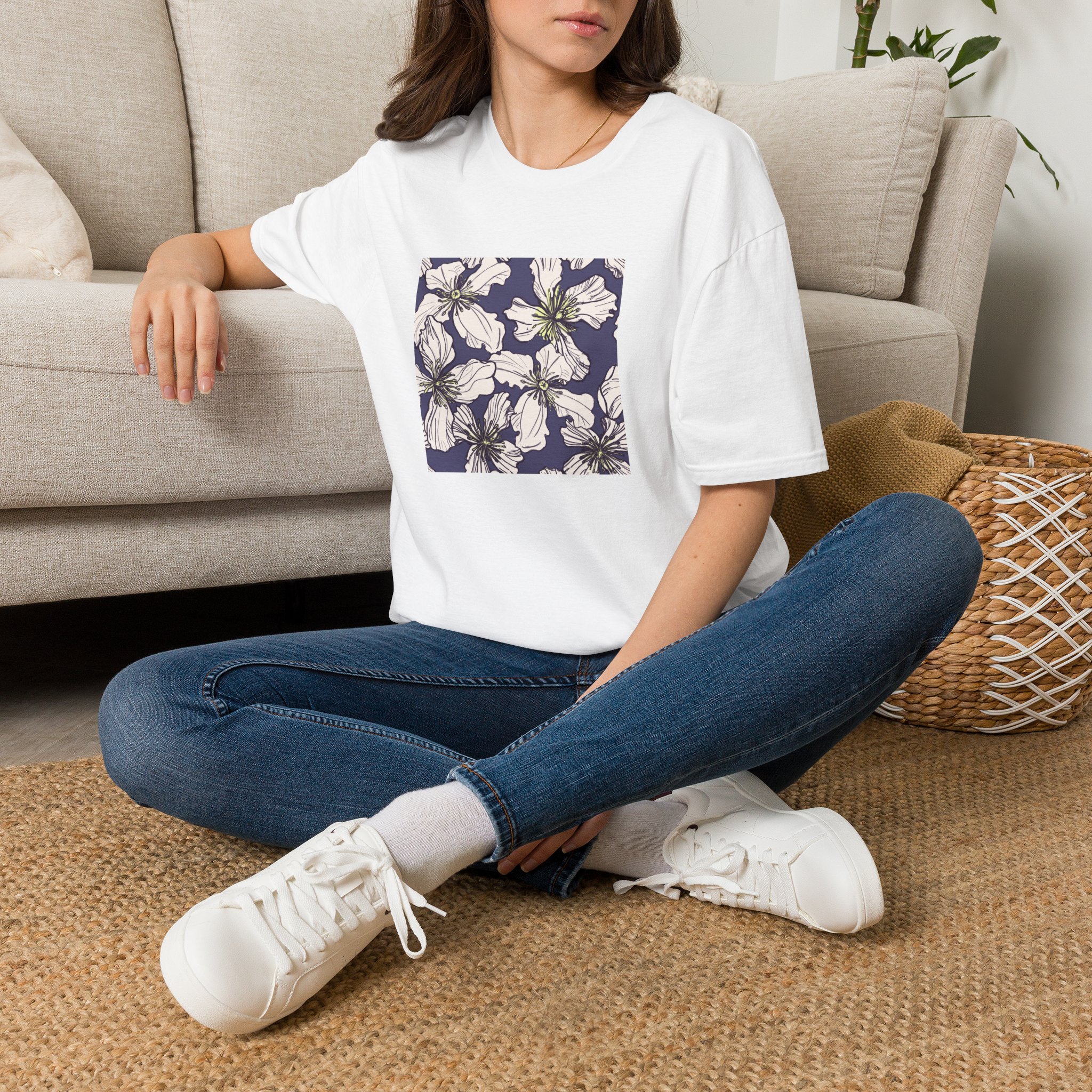 Floral Square Tee — White Clematis Print T-Shirt - Image 26