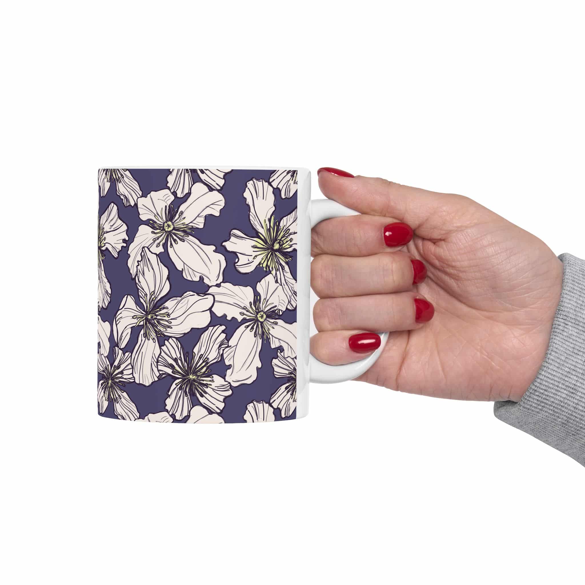 Floral Pattern Ceramic Mug — Hand-Drawn White Clematis Blossoms on Deep Navy (11oz & 15oz) - Image 3
