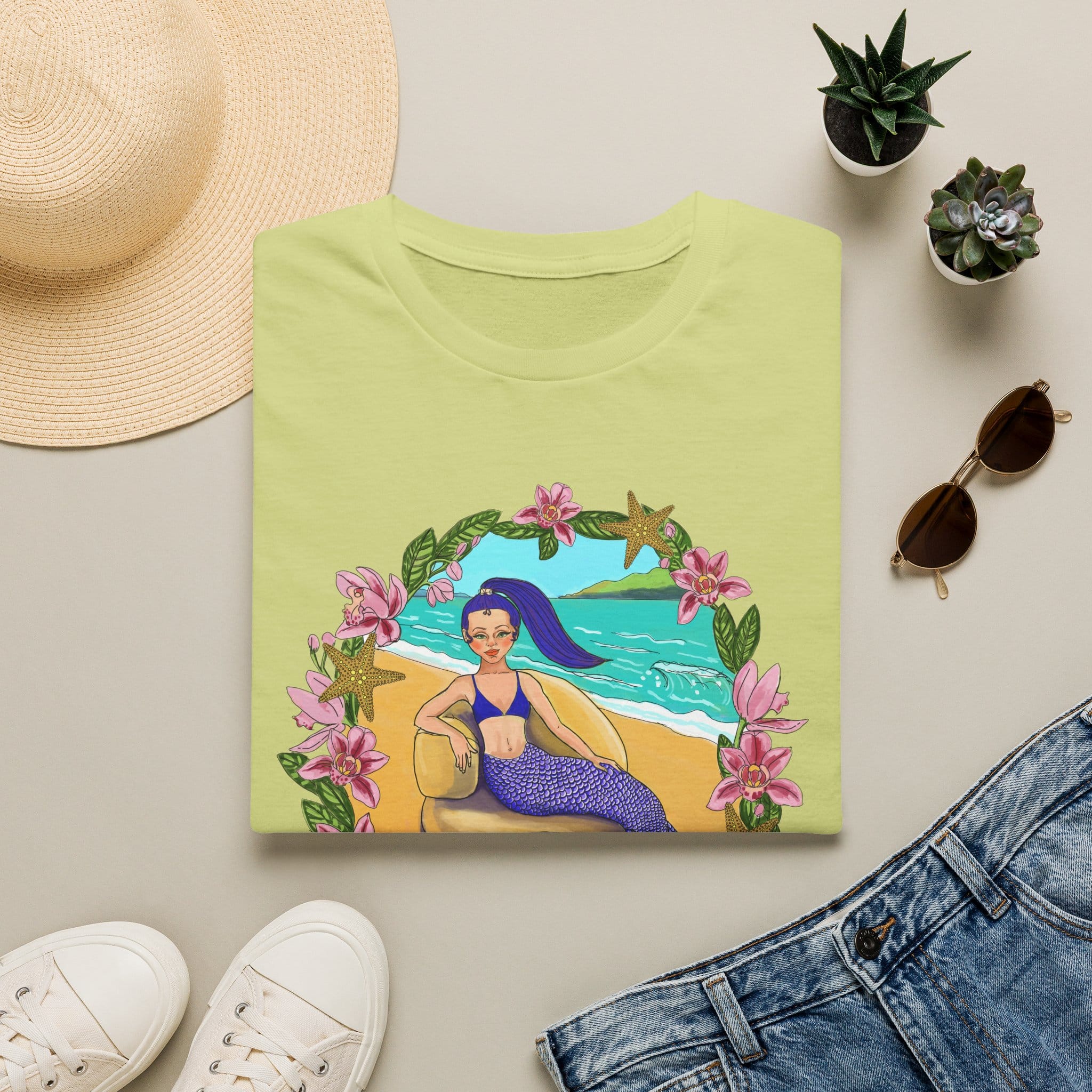 Blue-Haired Mermaid Beach Vibes T-Shirt — Tropical Floral Ocean Graphic - Image 16