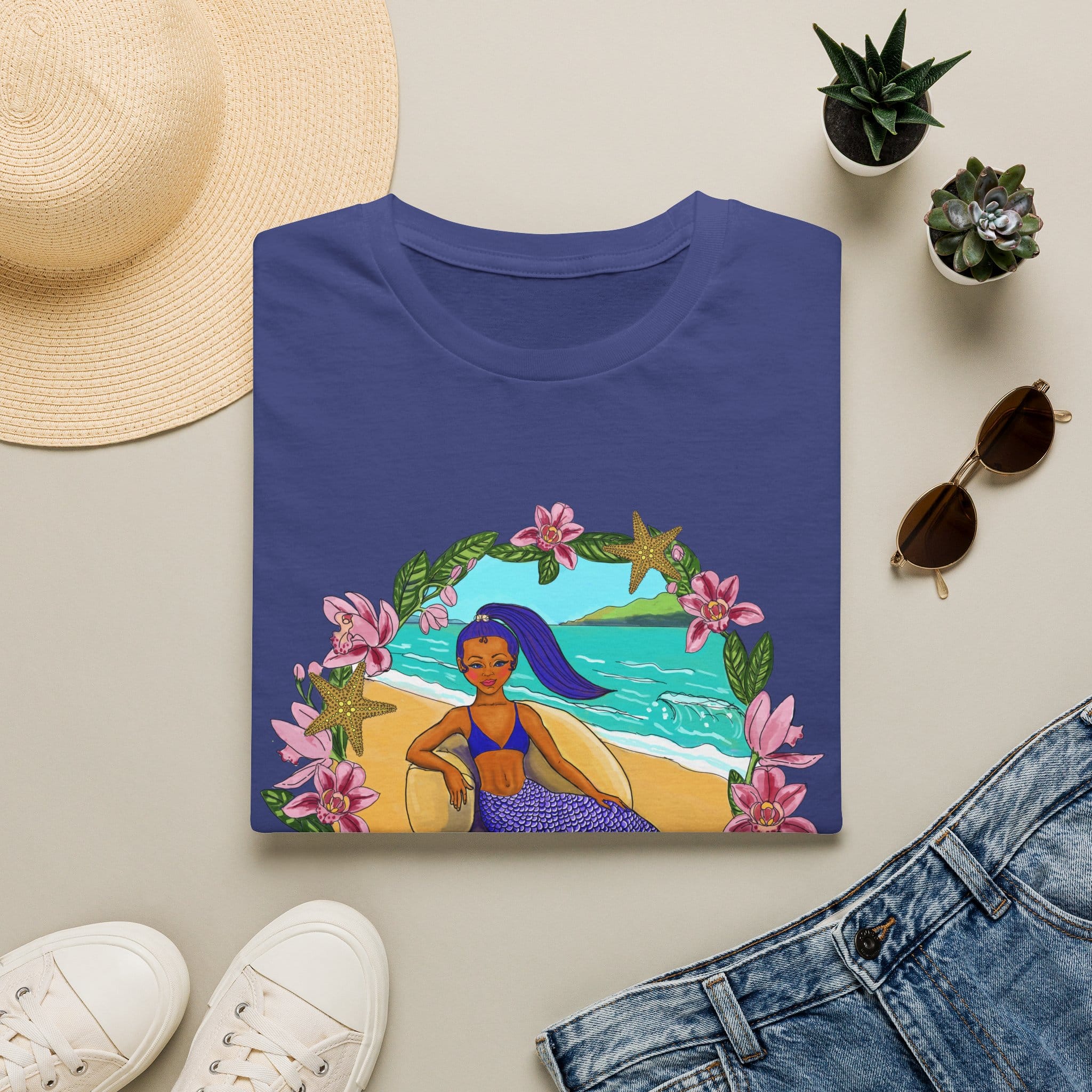 Blue-Haired Mermaid2 Beach Vibes T-Shirt — Tropical Floral Ocean Graphic - Image 4