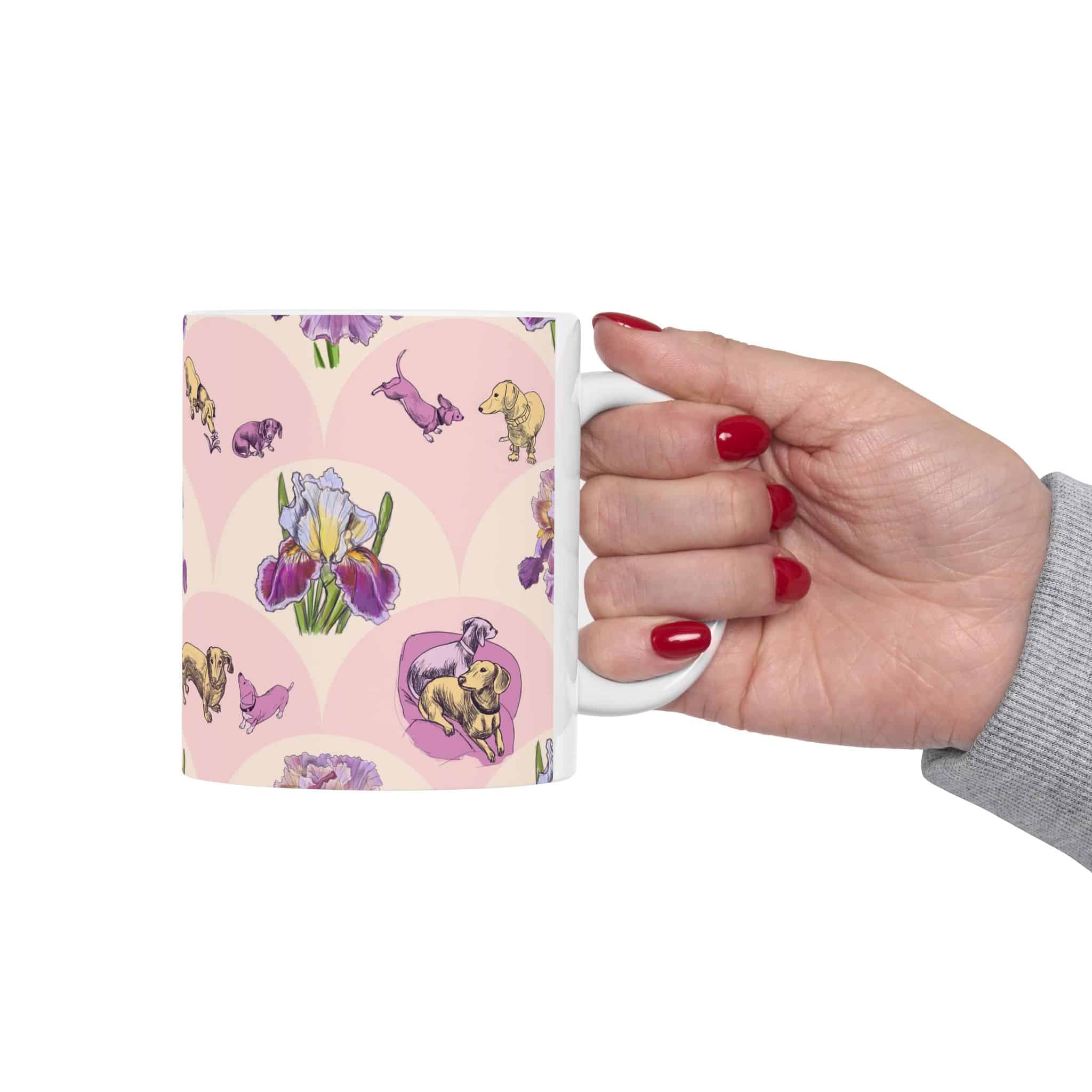 Iris & Dachshund Ceramic Mug – Pink Floral Dog Pattern (11oz, 15oz) - Image 3