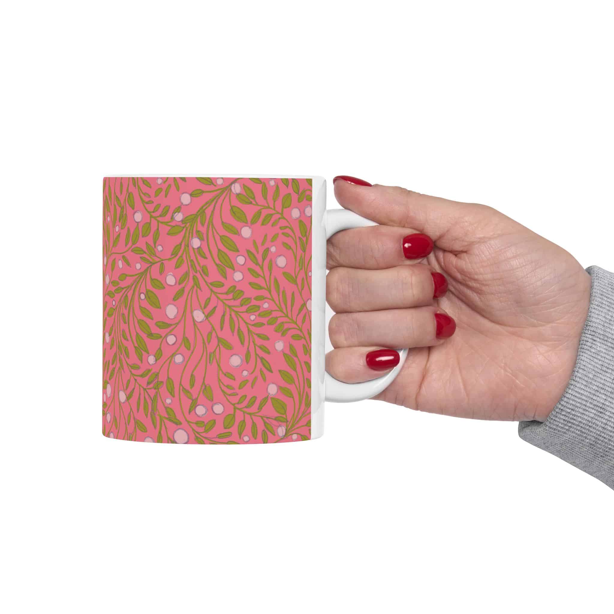 Coral Botanical Ceramic Mug — Floral Vine Pattern Coffee Tea Cup (11oz & 15oz) - Image 3