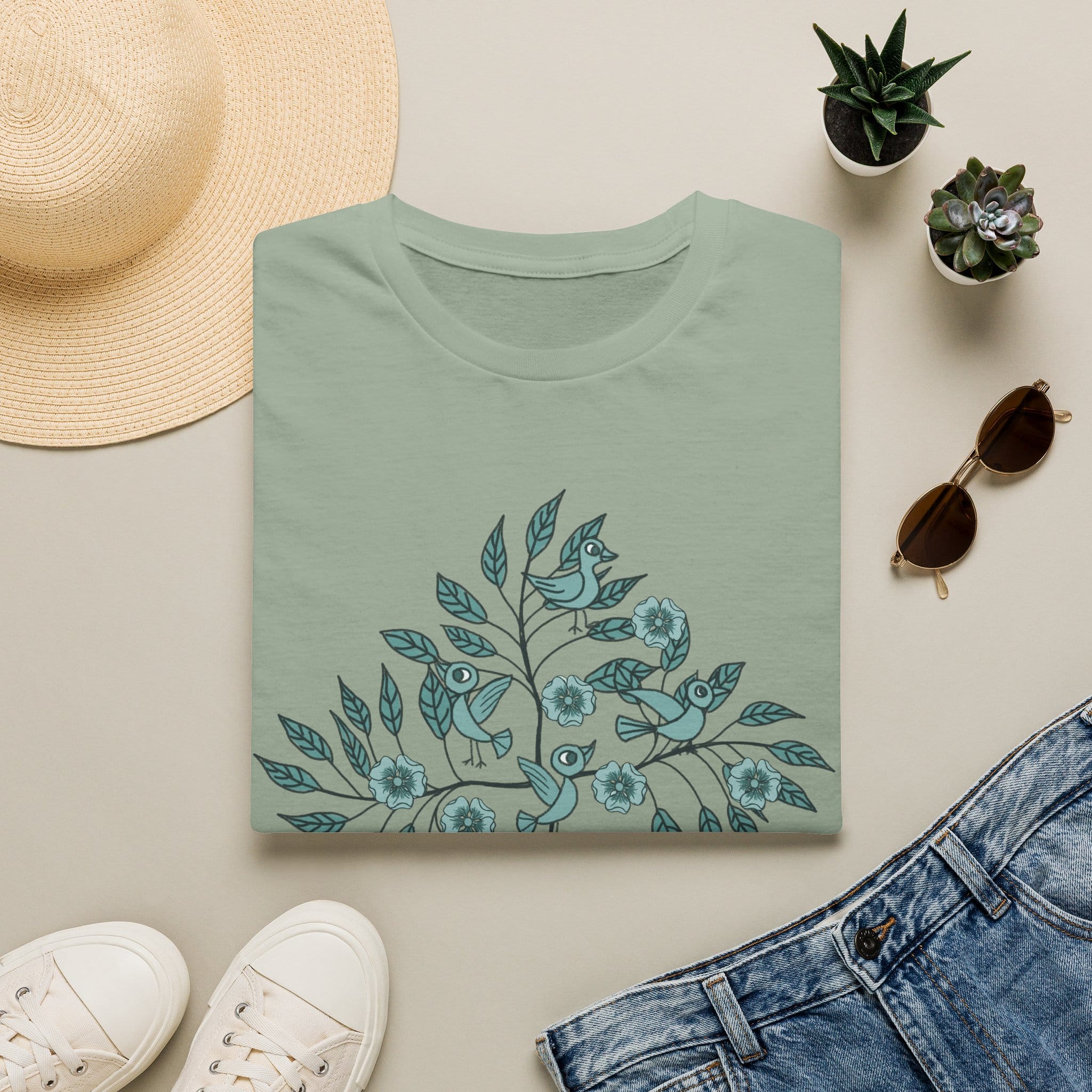 Botanical Bird Tee — Teal Floral Branch Graphic T-Shirt - Image 25