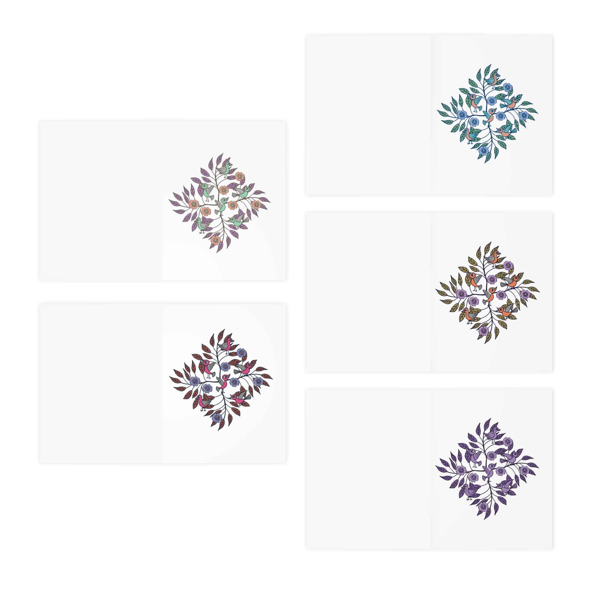 Stick Figure Birds Floral Wreath Greeting Cards – 5-Pack Assorted Watercolor Notes - Image 2