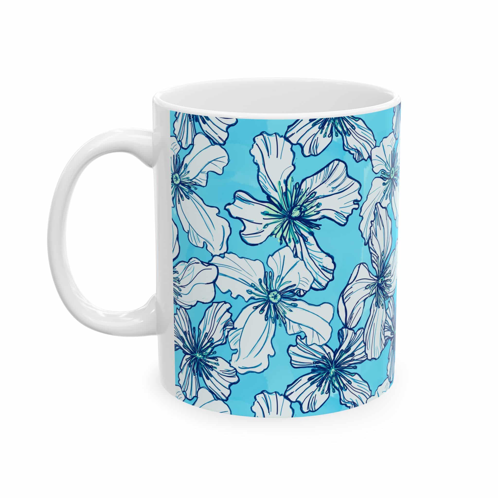 Clematis Floral Ceramic Mug — Cornflower Blue Pattern 11oz & 15oz