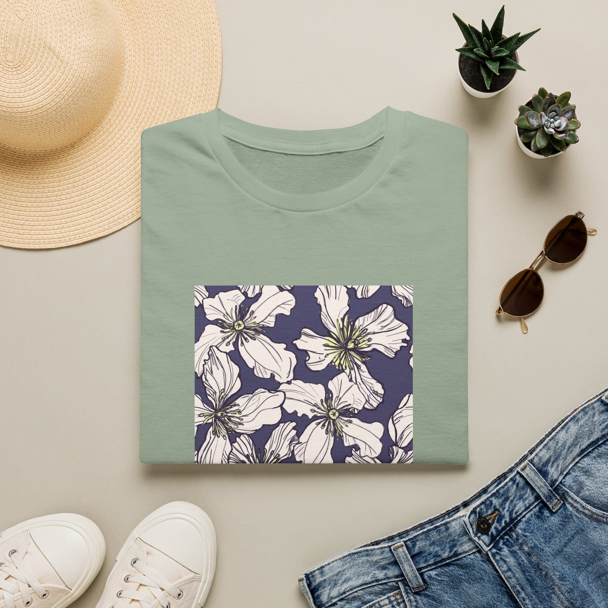 Floral Square Tee — White Clematis Print T-Shirt - Image 13