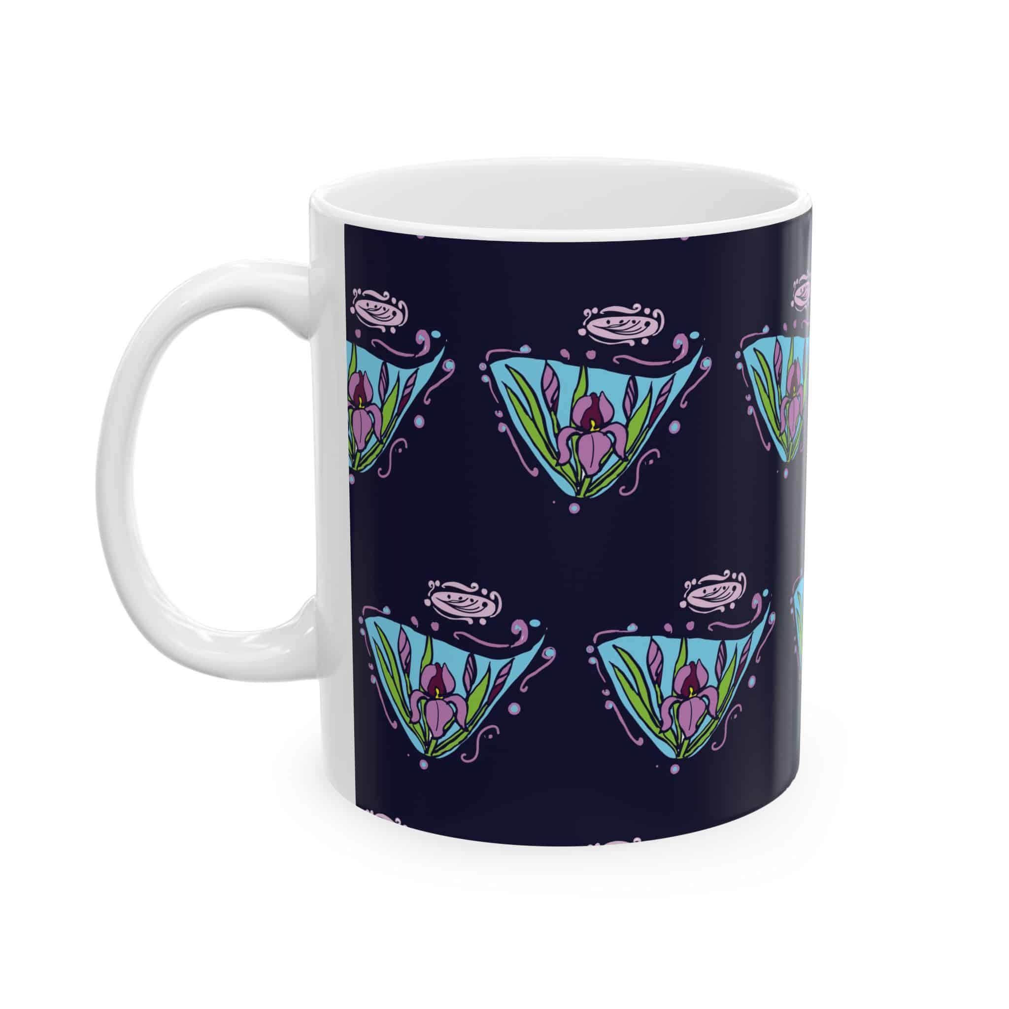 Floral Art Nouveau-Inspired Ceramic Mug – Iris Flower Design (11oz & 15oz)