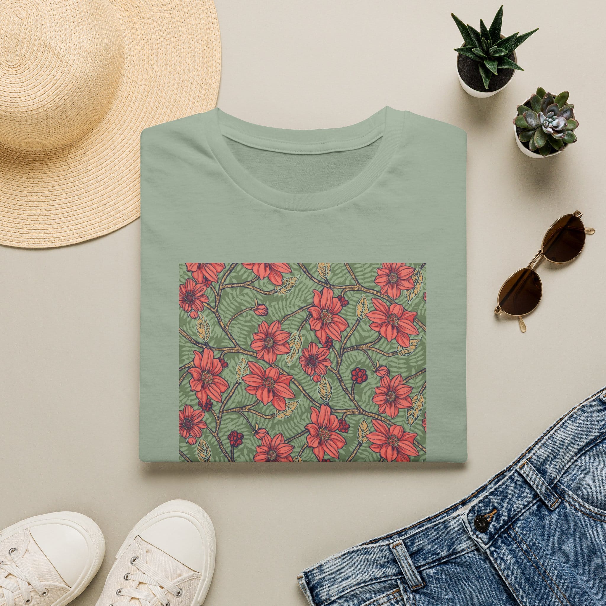 Floral Hibiscus Pattern T-Shirt — Vintage Tropical Flower Tee