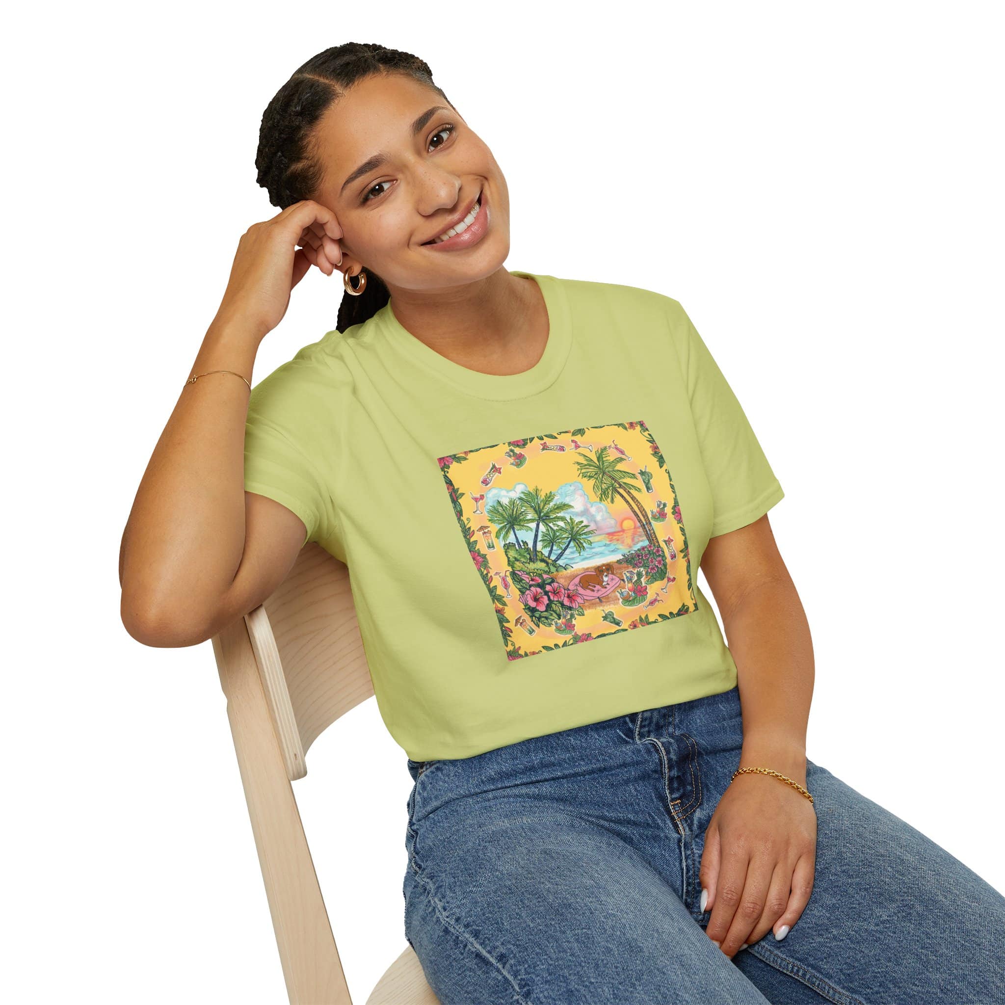 Girl Dachshund on a Tropical Sunset Beach T-Shirt — Vintage Beach Floral Graphic - Image 4
