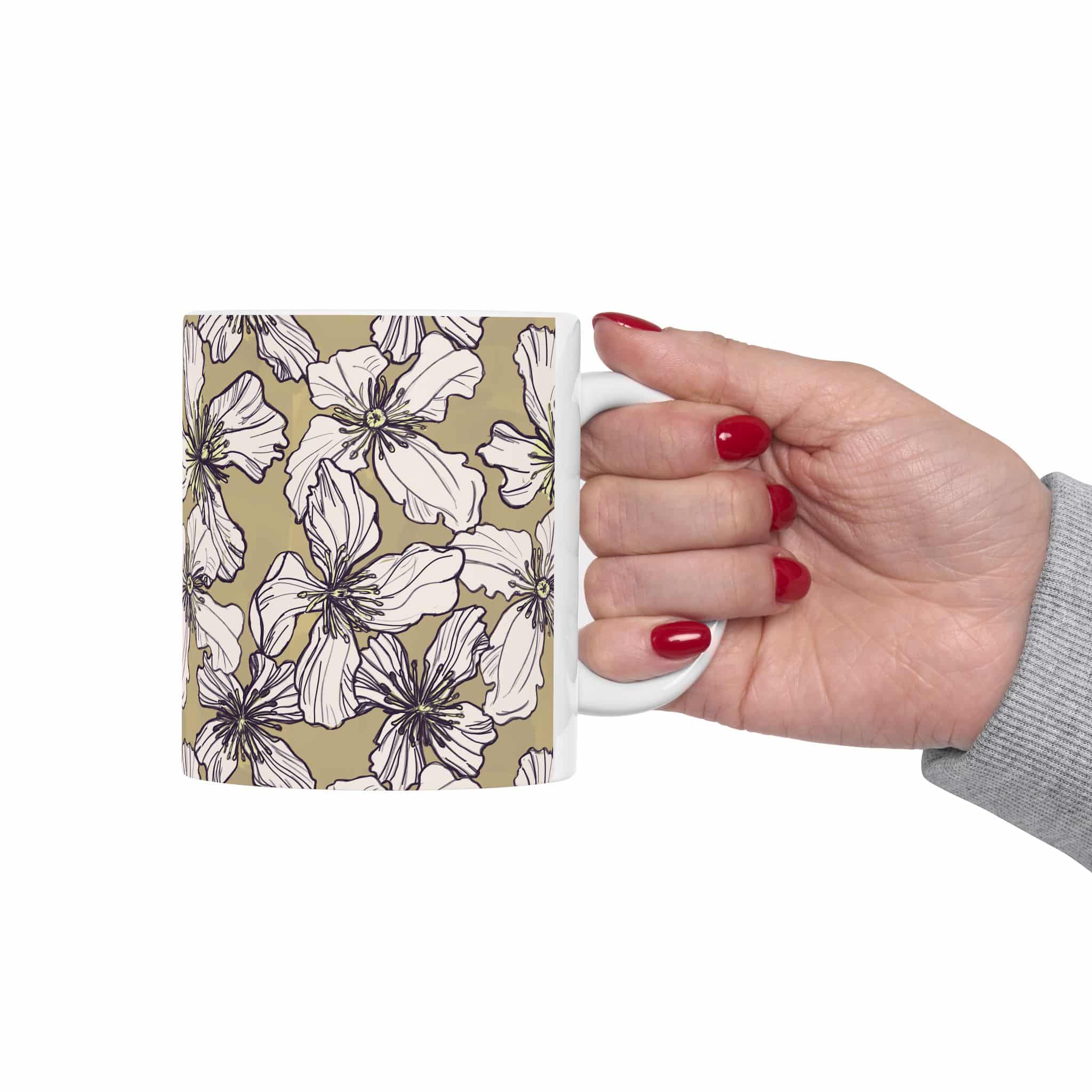 Vintage Floral Ceramic Mug — Neutral Beige & White Blossom Coffee Cup (11oz, 15oz) - Image 3