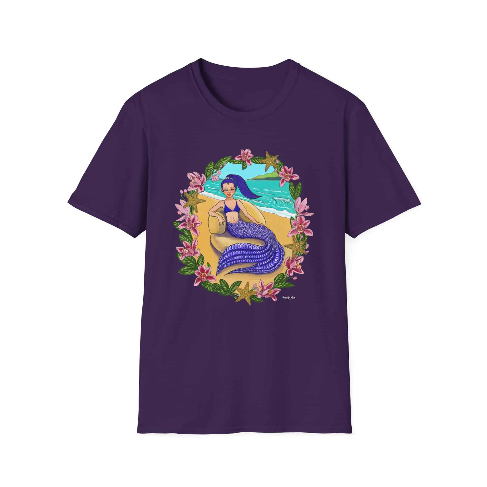 Blue-Haired Mermaid Beach Vibes T-Shirt — Tropical Floral Ocean Graphic - Image 9