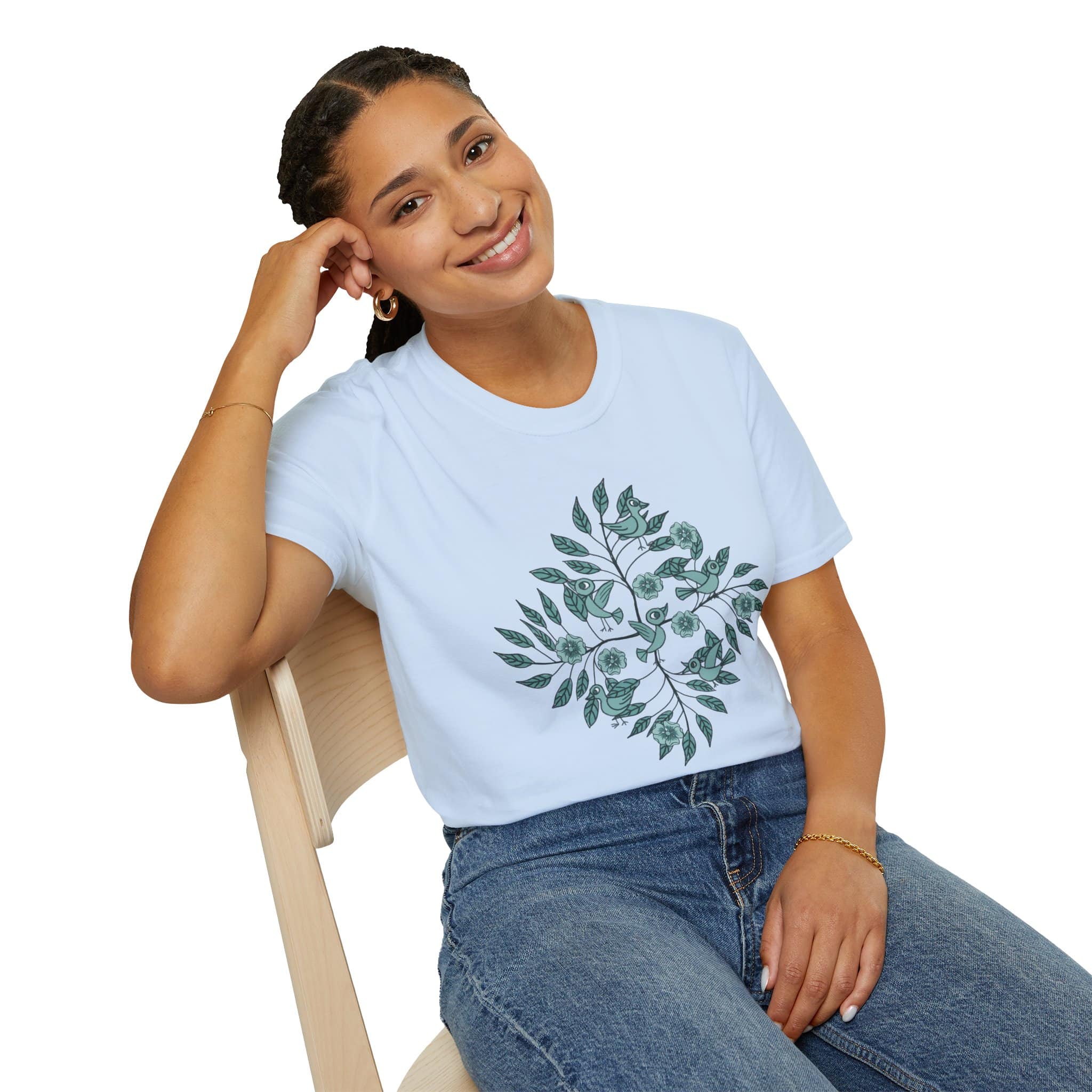 Botanical Bird Tee — Teal Floral Branch Graphic T-Shirt - Image 12