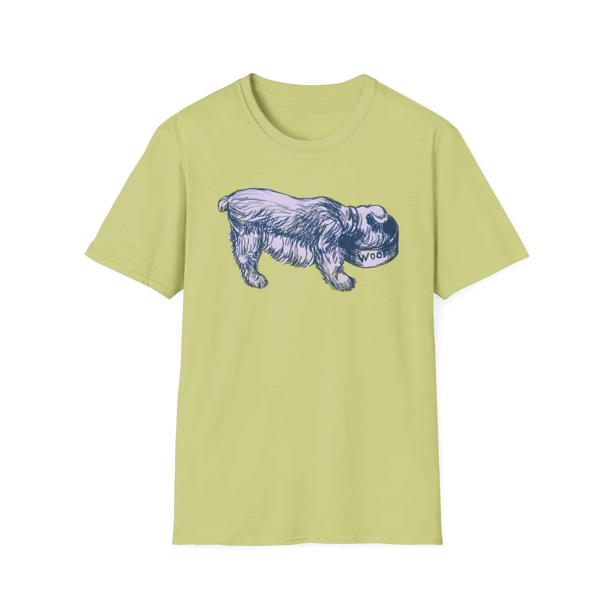 Quirky Vintage Pup Illustration T-Shirt — 'Woof' Dog Bowl Graphic - Image 9