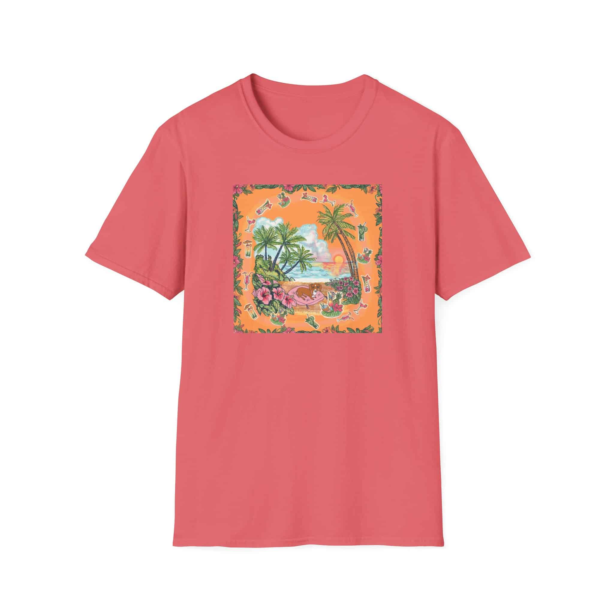 Girl Dachshund on a Tropical Sunset Beach T-Shirt — Vintage Beach Floral Graphic - Image 15