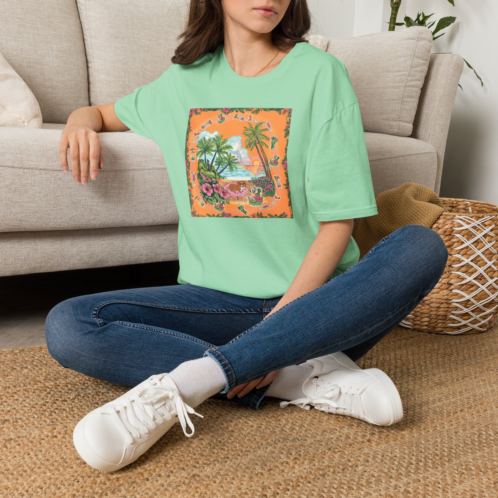 Girl Dachshund on a Tropical Sunset Beach T-Shirt — Vintage Beach Floral Graphic - Image 17
