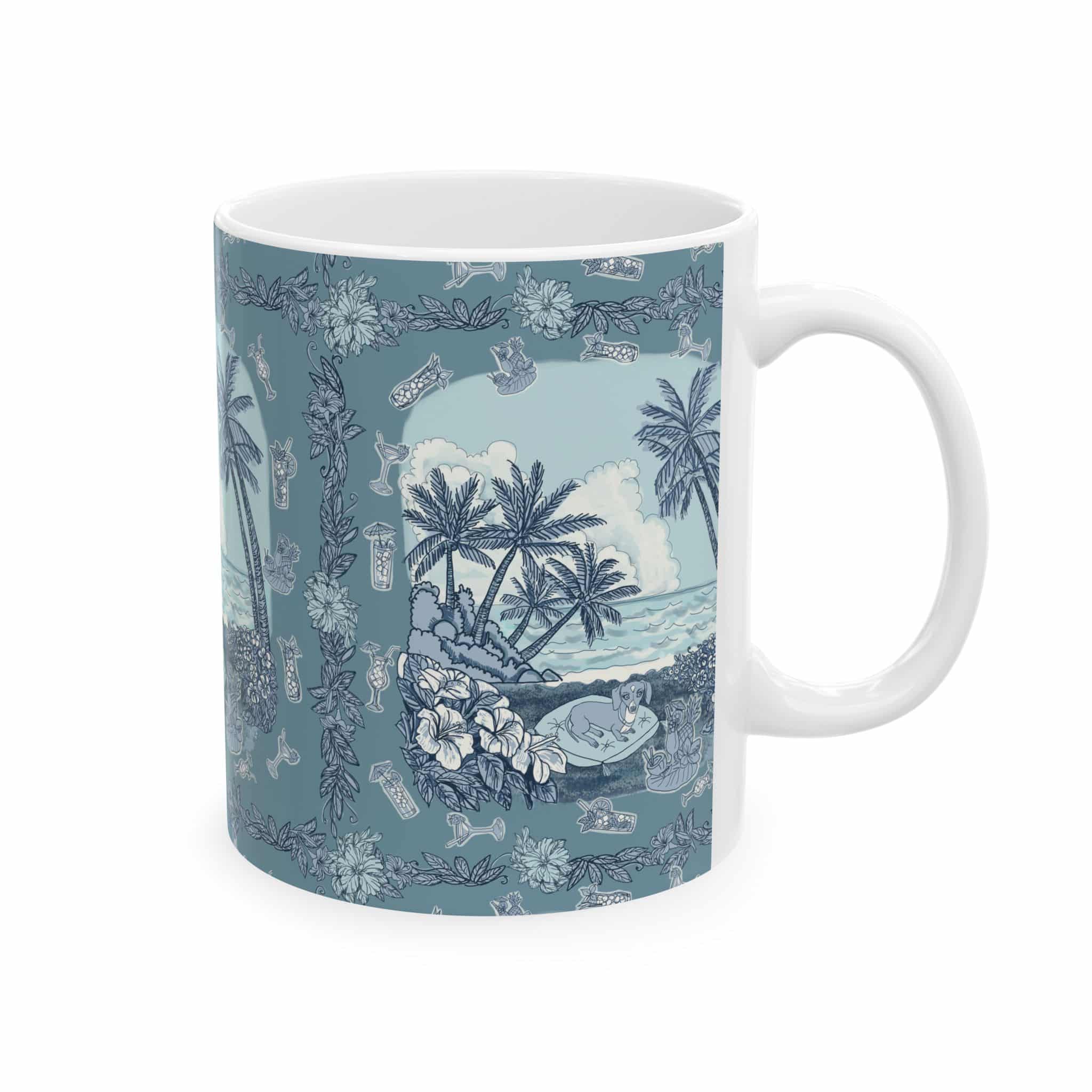Dachshund on a Tropical Beach Ceramic Mug – Vintage Palm Tree Ocean Scene (11oz & 15oz) - Image 2