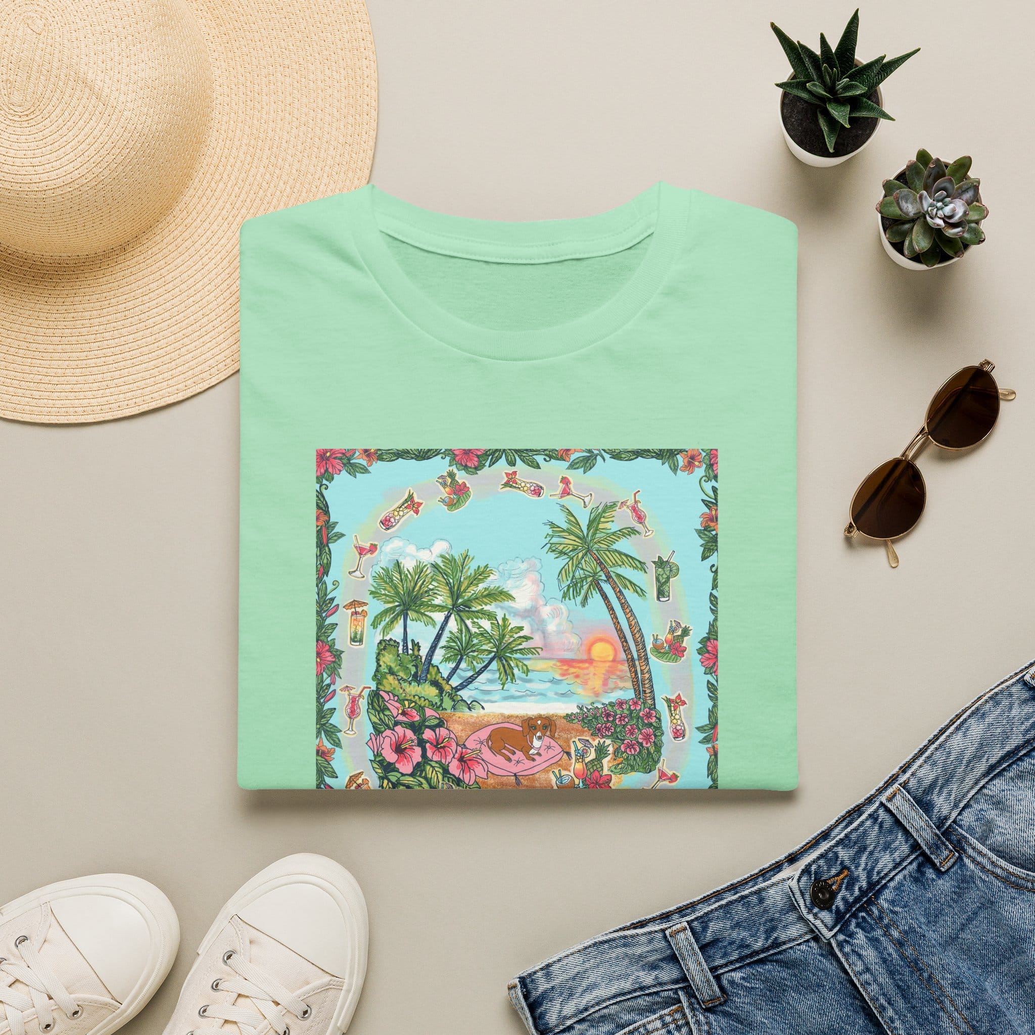 Dachshund on a Tropical Sunset Beach T-Shirt — Vintage Beach Floral Graphic - Image 25