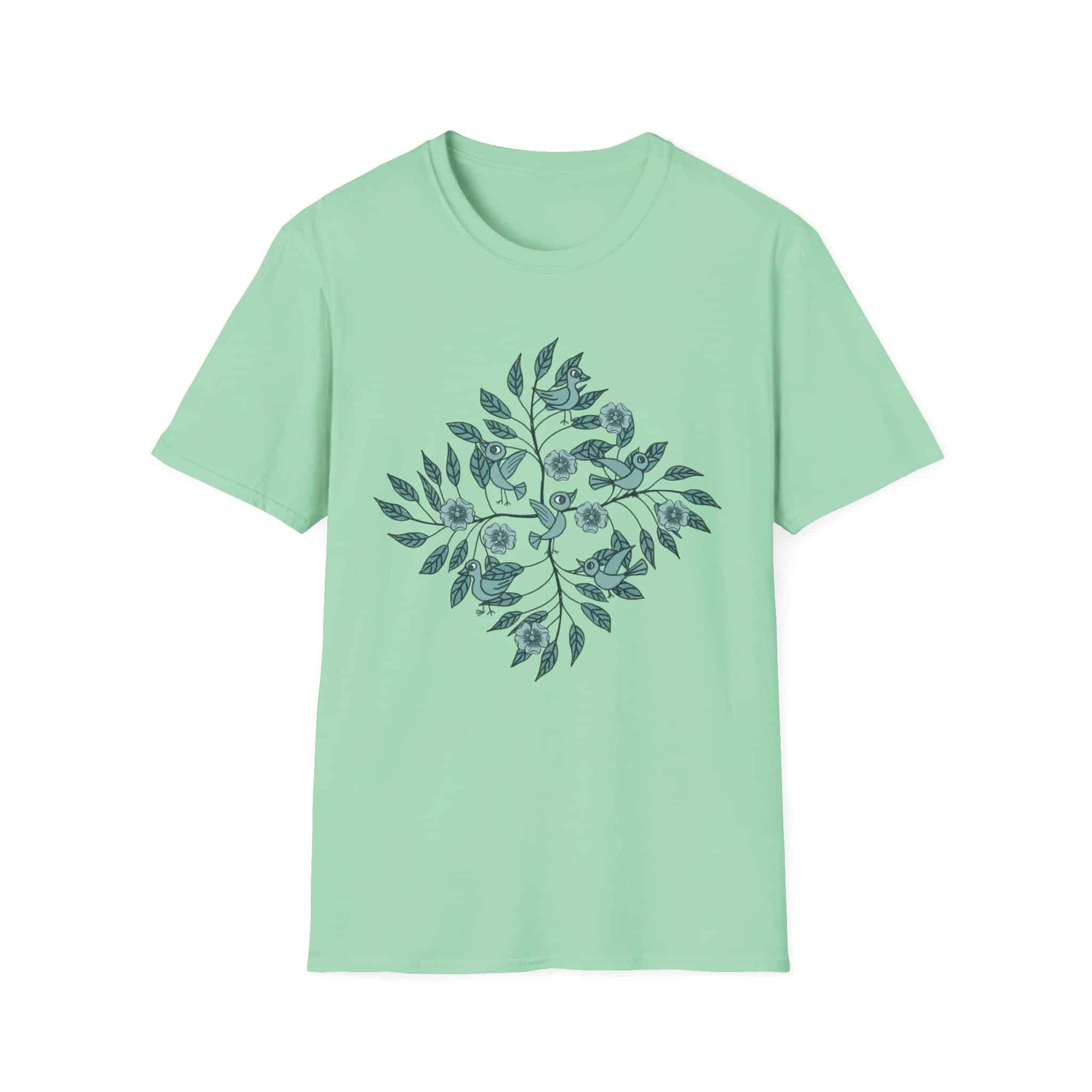 Botanical Bird Tee — Teal Floral Branch Graphic T-Shirt - Image 3