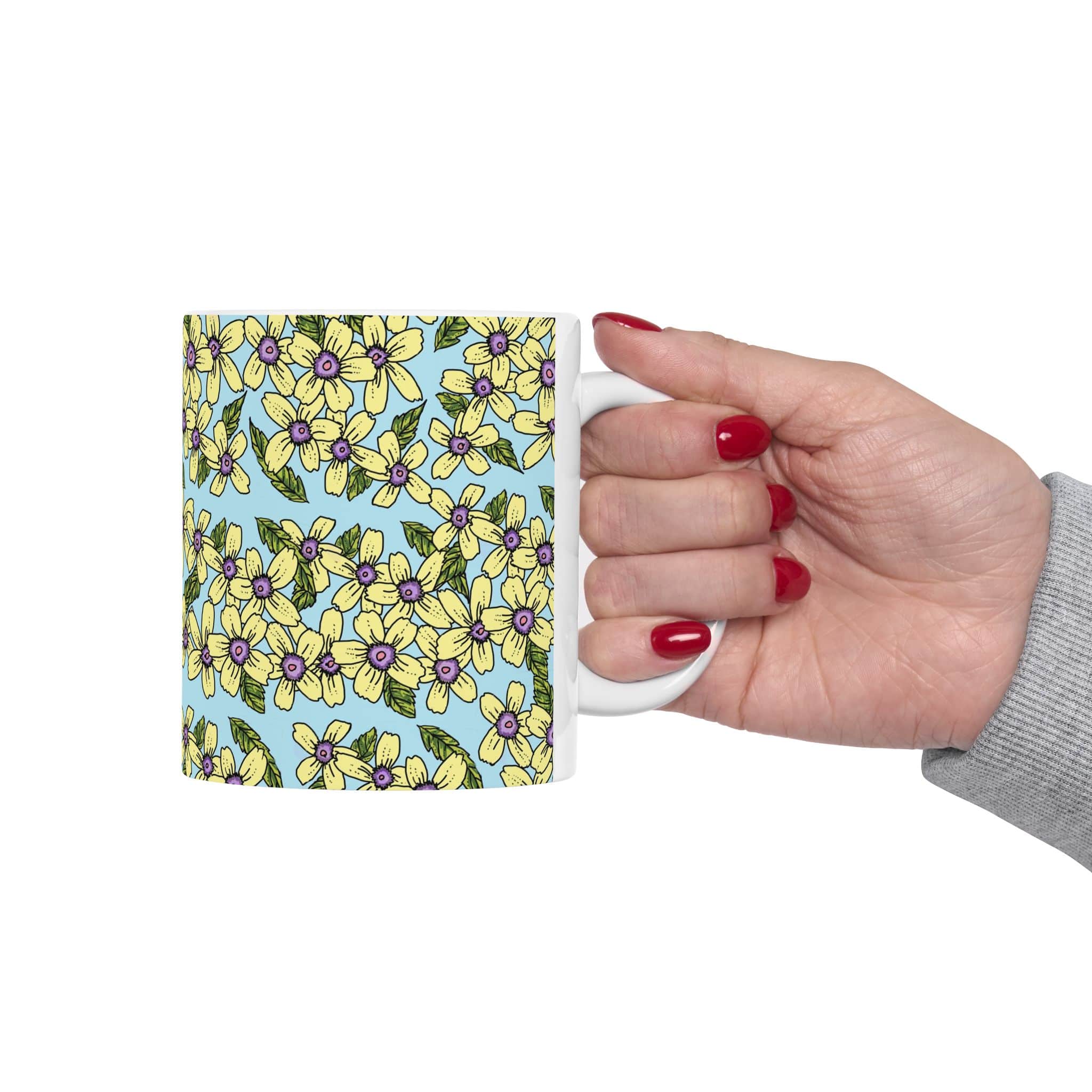 Floral Pattern Ceramic Mug — Yellow Blossoms on Sky Blue (11oz & 15oz) - Image 3