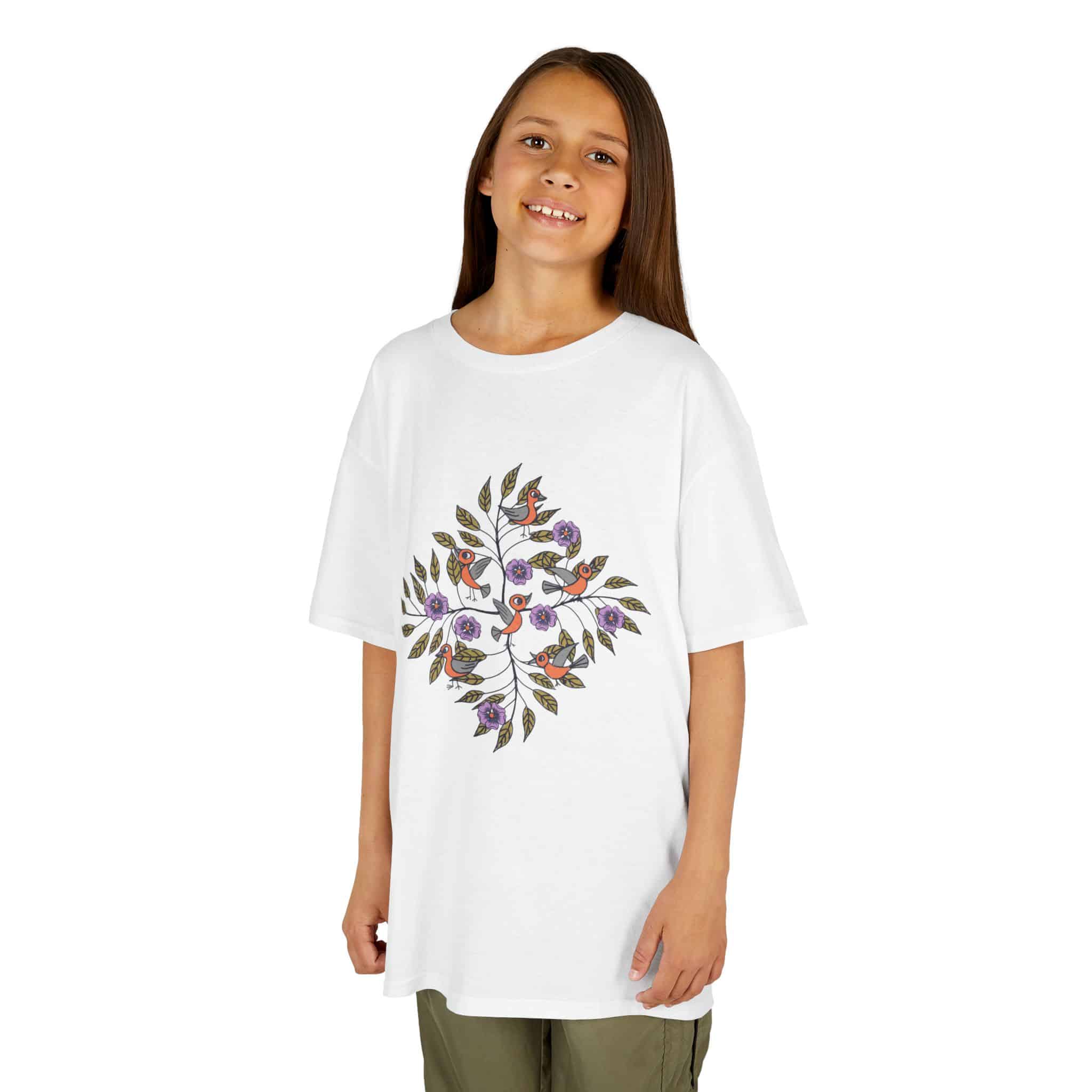 Kids T‑Shirt — Stick Figure Birds Floral Wreath Tee - Image 7