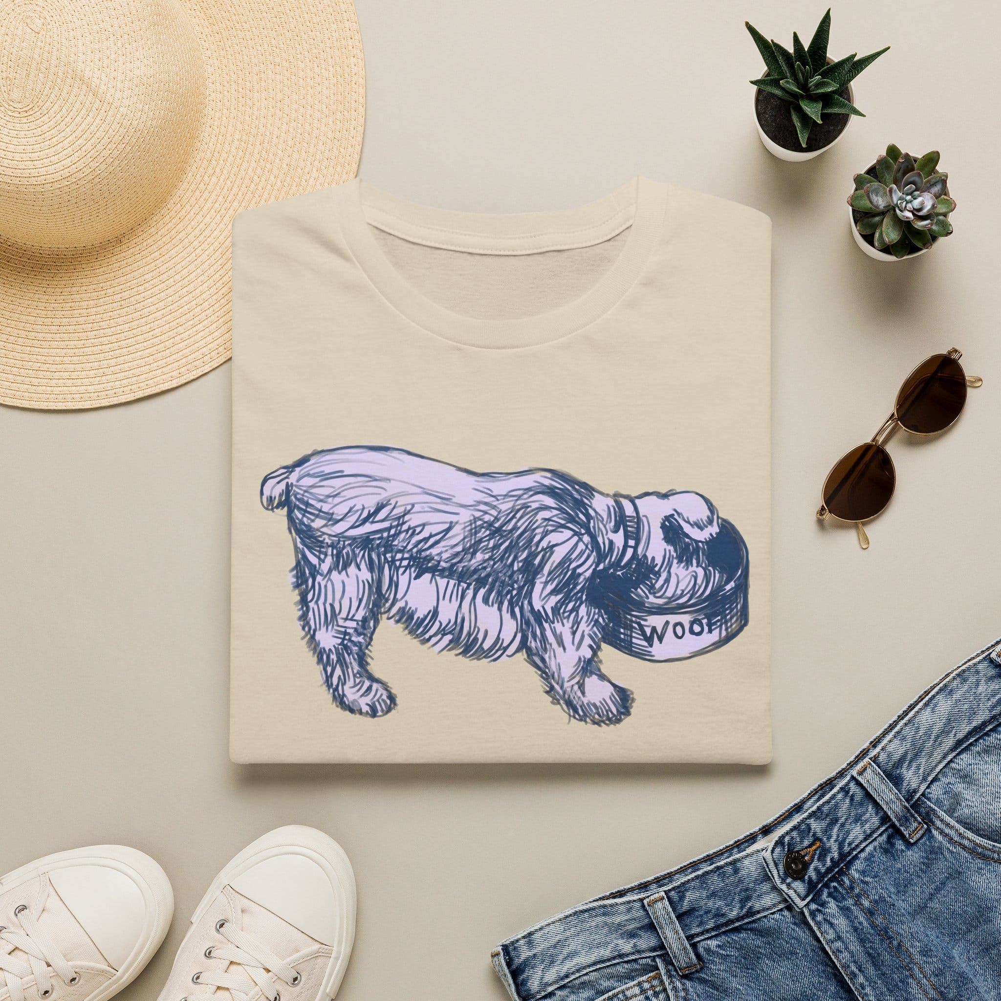 Quirky Vintage Pup Illustration T-Shirt — 'Woof' Dog Bowl Graphic - Image 22