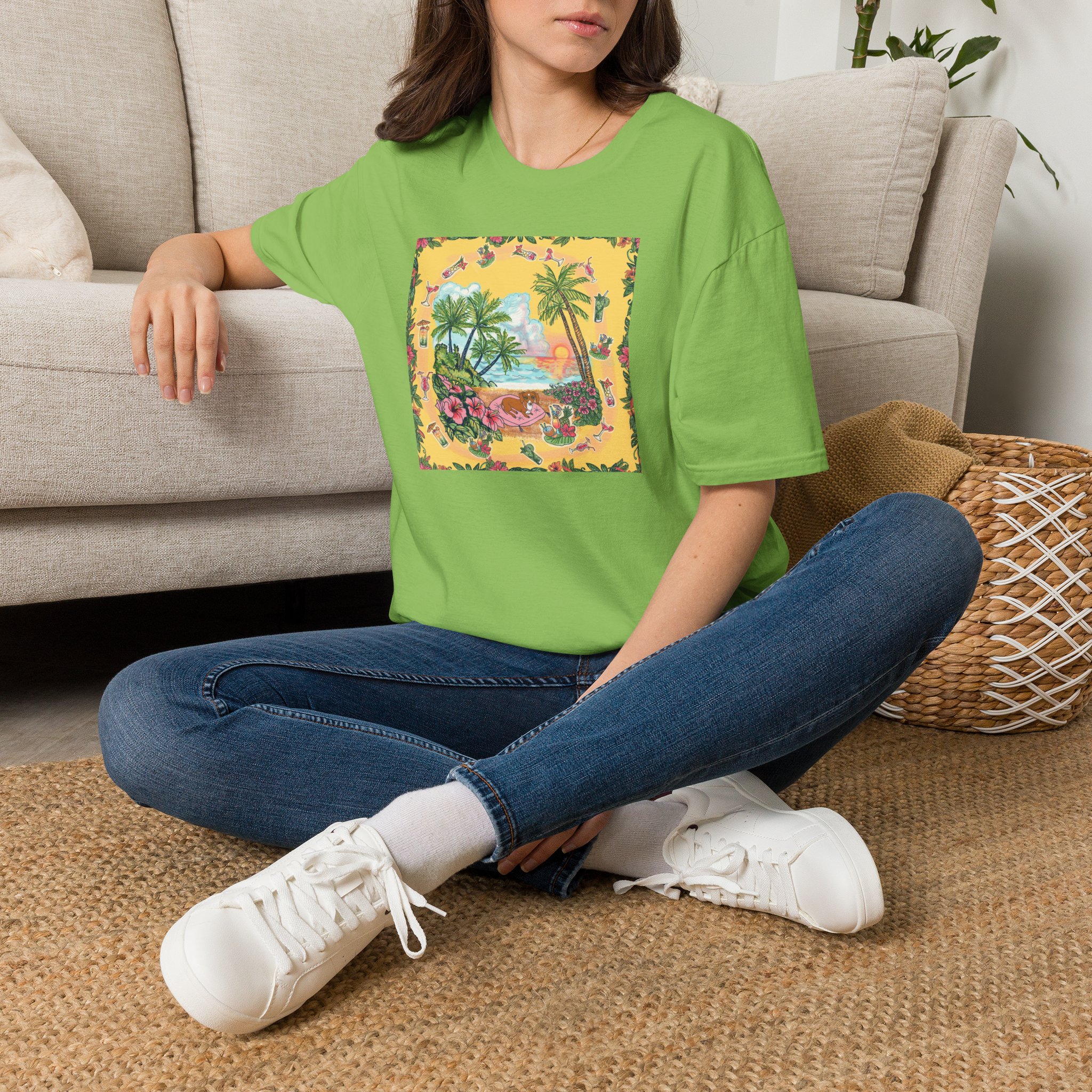 Girl Dachshund on a Tropical Sunset Beach T-Shirt — Vintage Beach Floral Graphic - Image 38