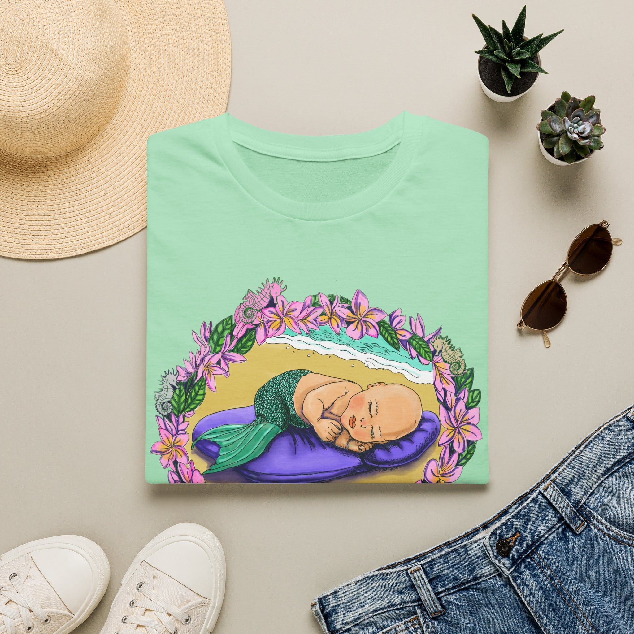 Mer-Toddler Napping on the Beach T-Shirt — Tropical Floral Ocean Graphic - Image 13