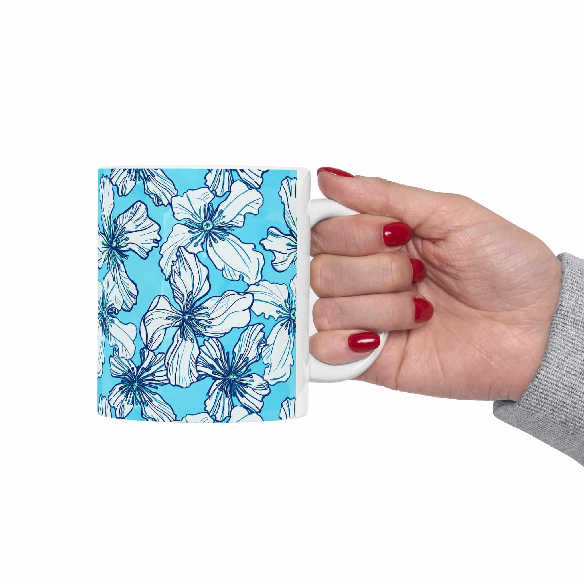 Clematis Floral Ceramic Mug — Cornflower Blue Pattern 11oz & 15oz - Image 3