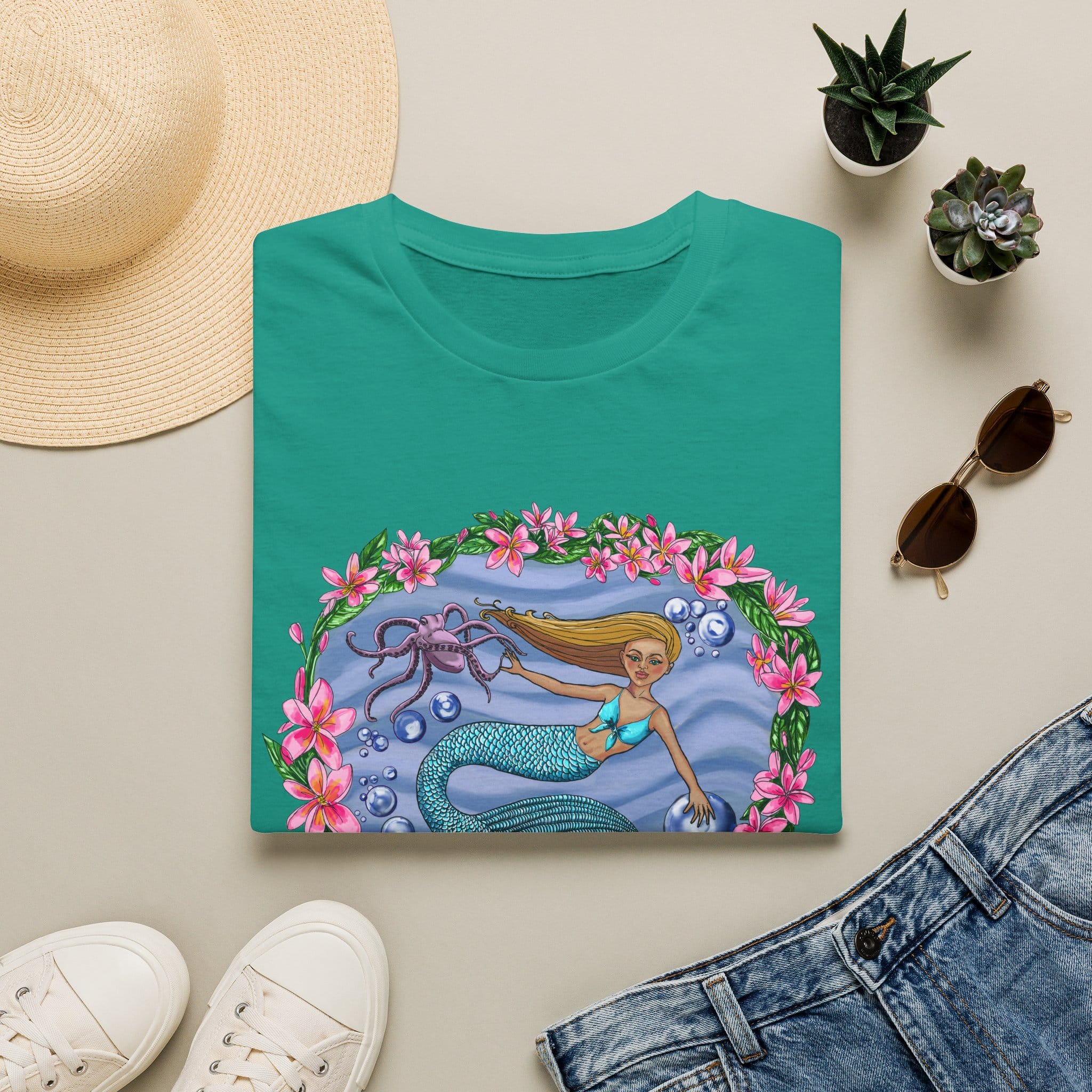 Mermaid With Octopus Beach Vibes T-Shirt — Tropical Floral Ocean Graphic - Image 19