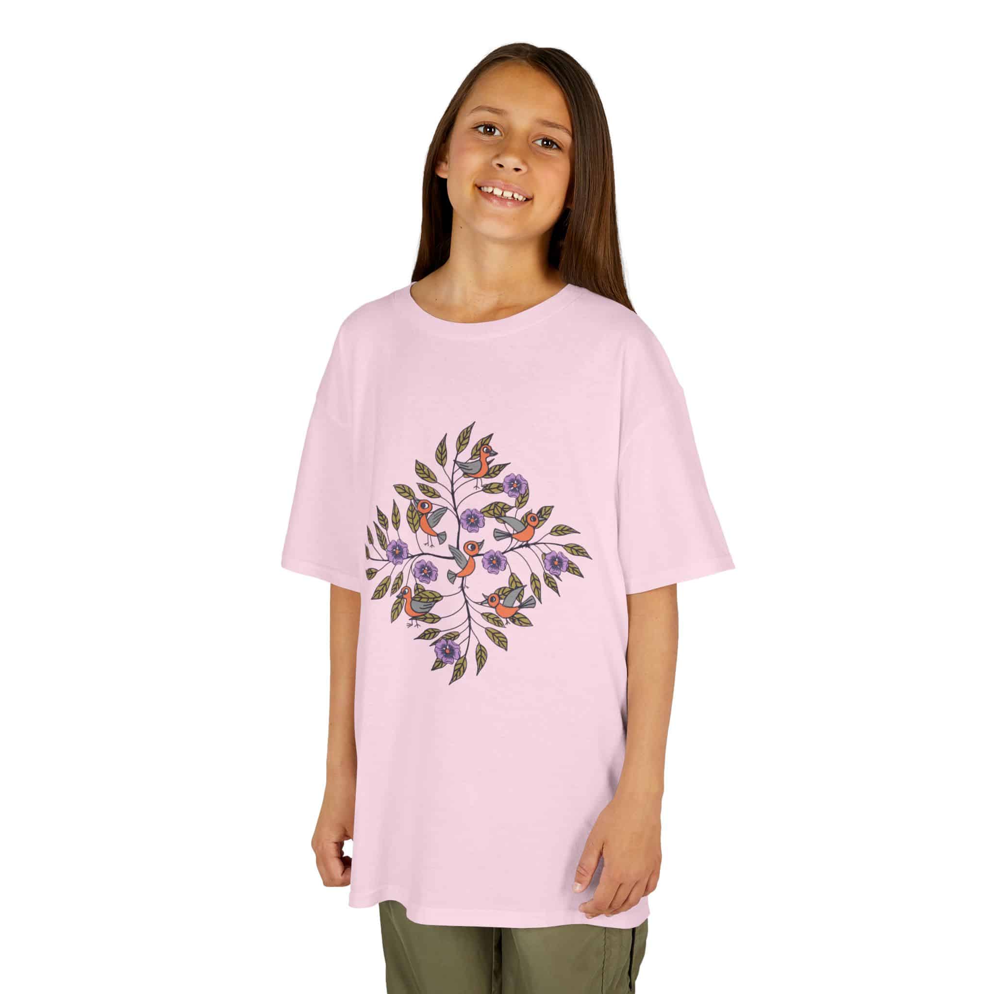 Kids T‑Shirt — Stick Figure Birds Floral Wreath Tee - Image 14
