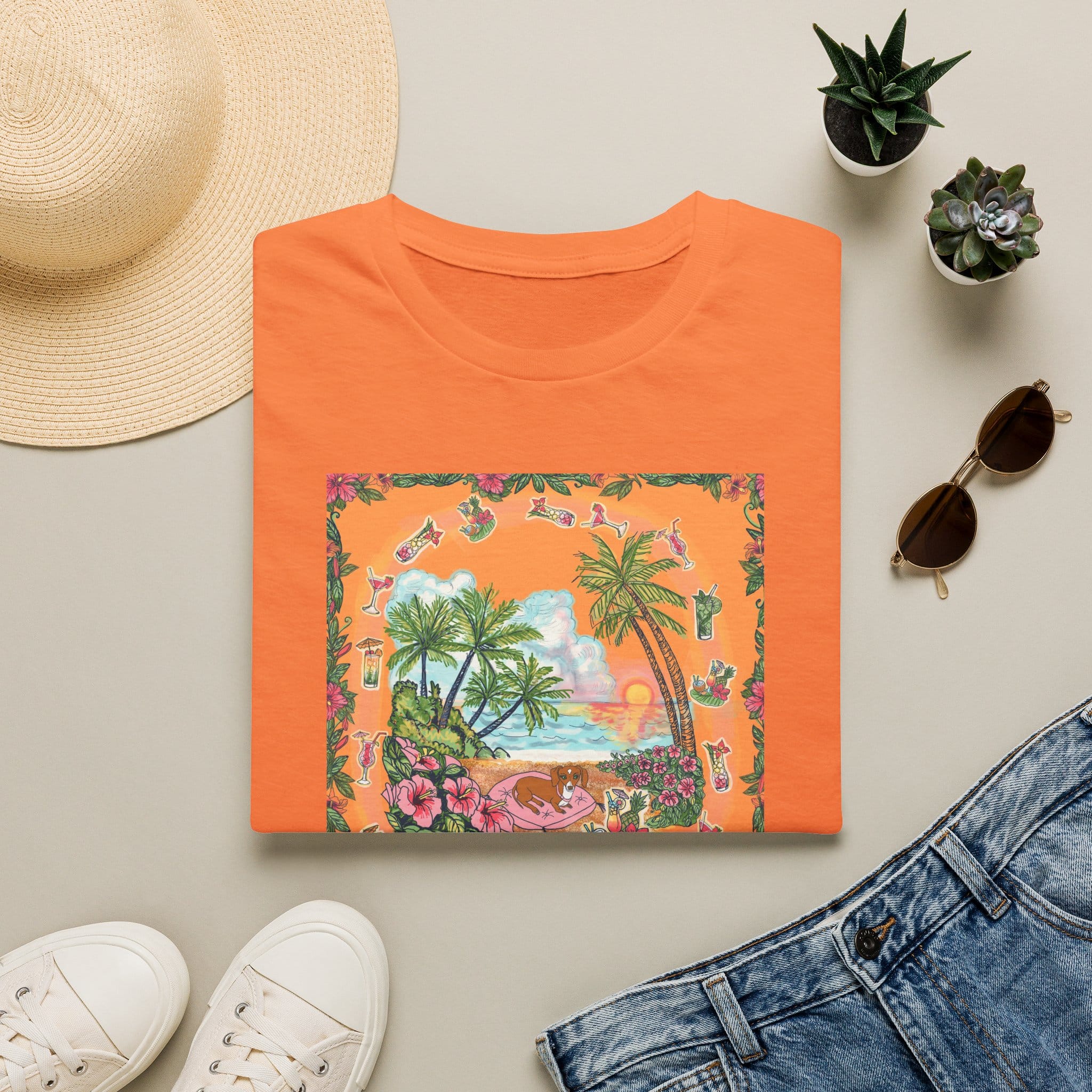 Girl Dachshund on a Tropical Sunset Beach T-Shirt — Vintage Beach Floral Graphic - Image 25
