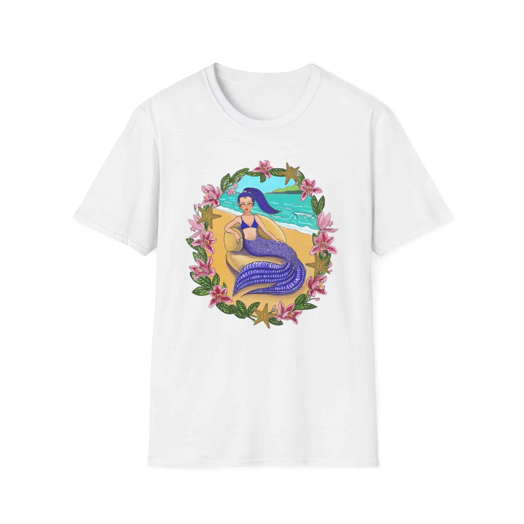 Blue-Haired Mermaid Beach Vibes T-Shirt — Tropical Floral Ocean Graphic - Image 12