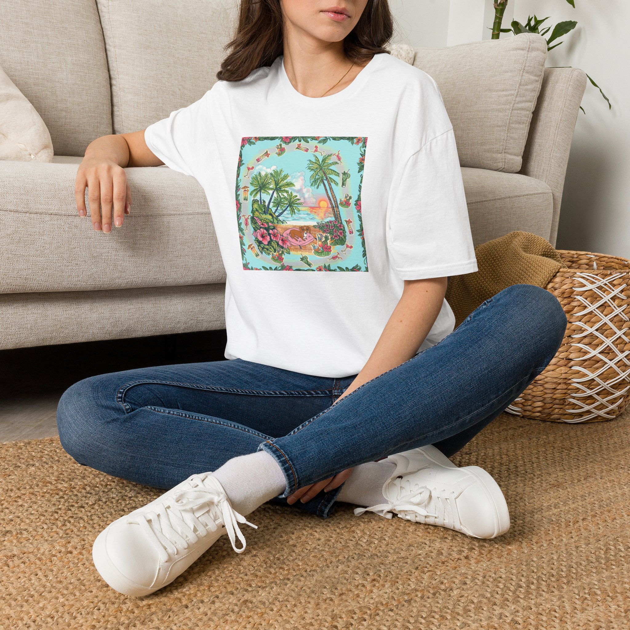 Dachshund on a Tropical Sunset Beach T-Shirt — Vintage Beach Floral Graphic - Image 14