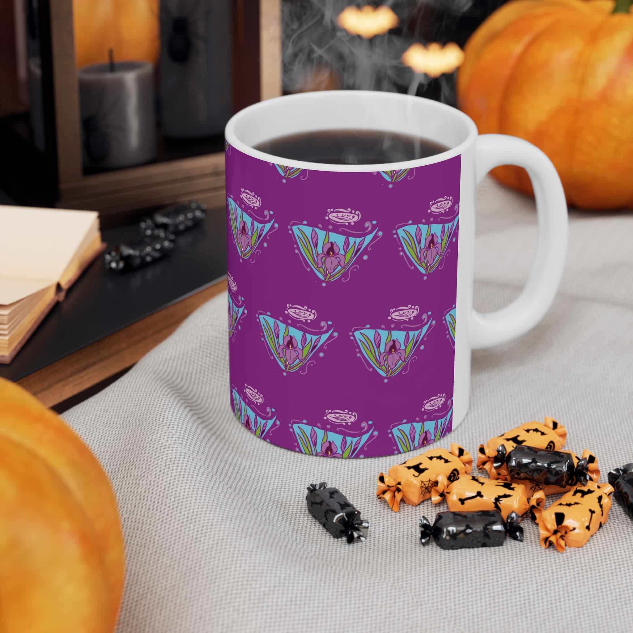 Purple Floral Art Nouveau Iris Pattern Ceramic Mug — Cute Botanical Tea & Coffee Cup (11oz, 15oz) - Image 4