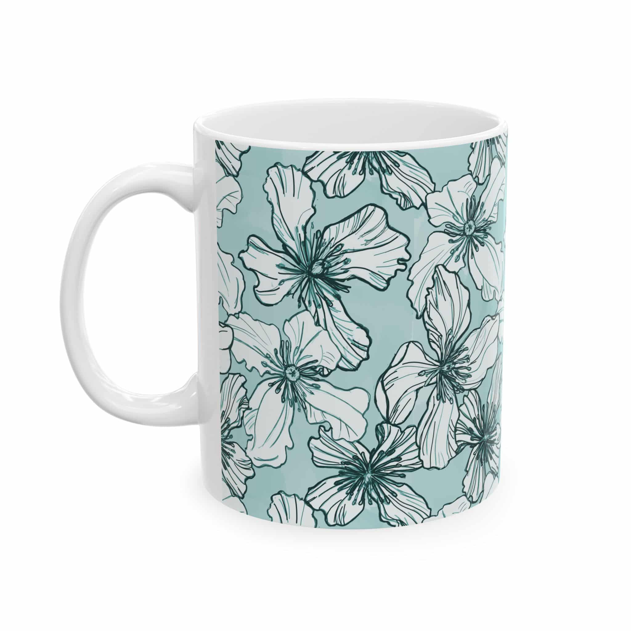 Teal Floral Pattern Ceramic Mug (11oz & 15oz)