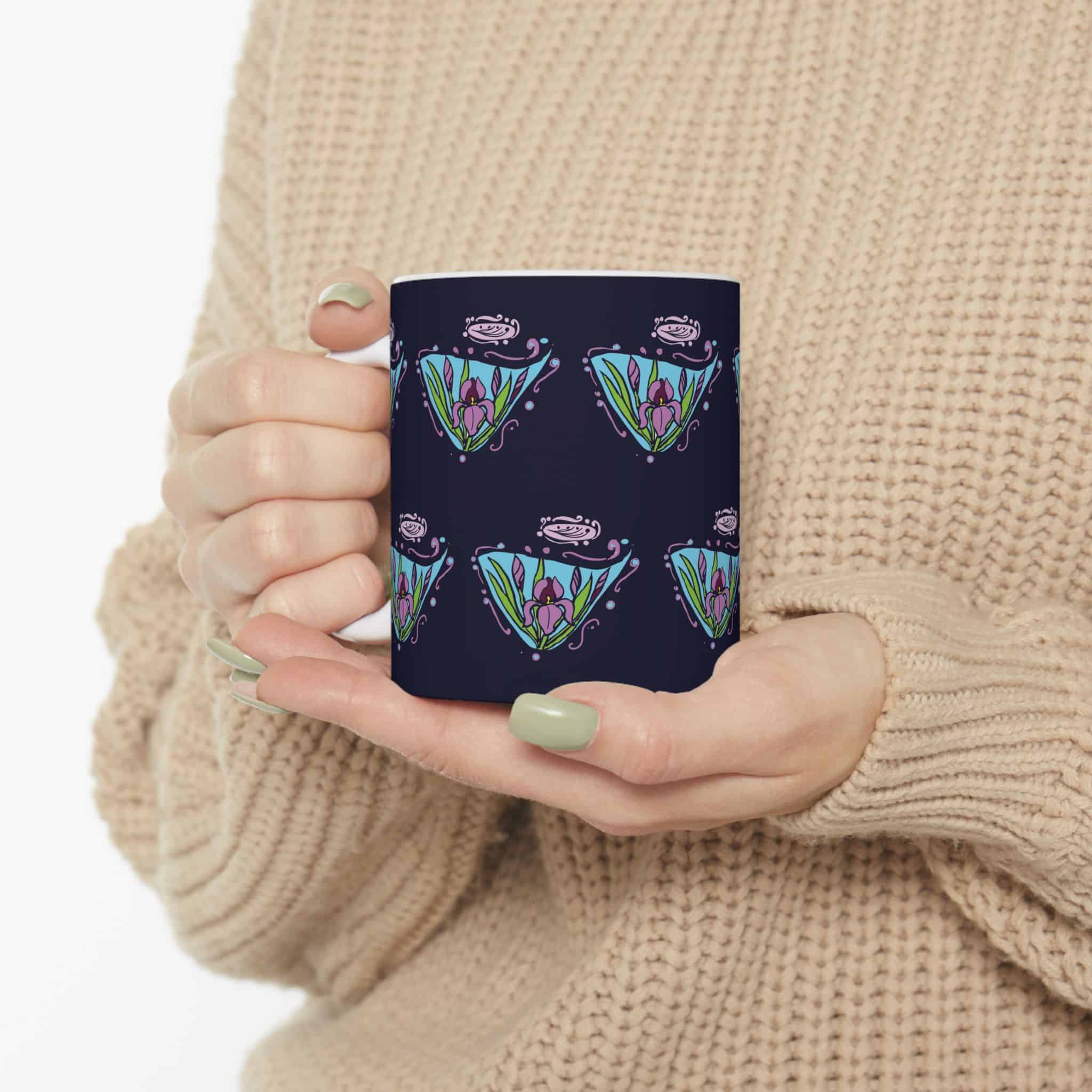 Floral Art Nouveau-Inspired Ceramic Mug – Iris Flower Design (11oz & 15oz) - Image 5