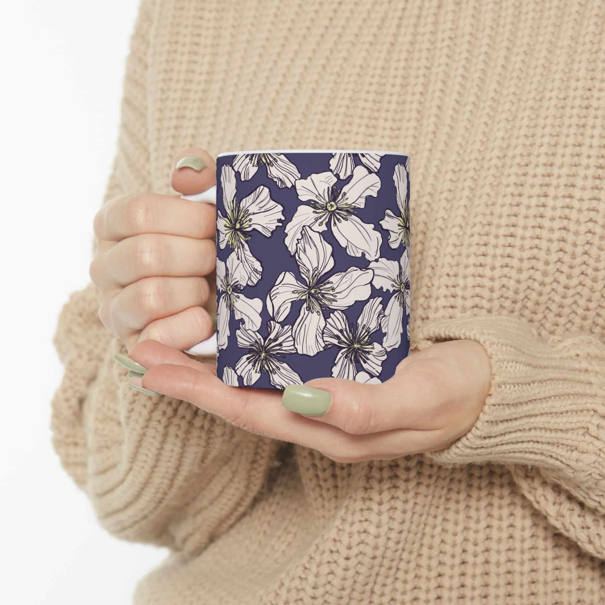 Floral Pattern Ceramic Mug — Hand-Drawn White Clematis Blossoms on Deep Navy (11oz & 15oz) - Image 5