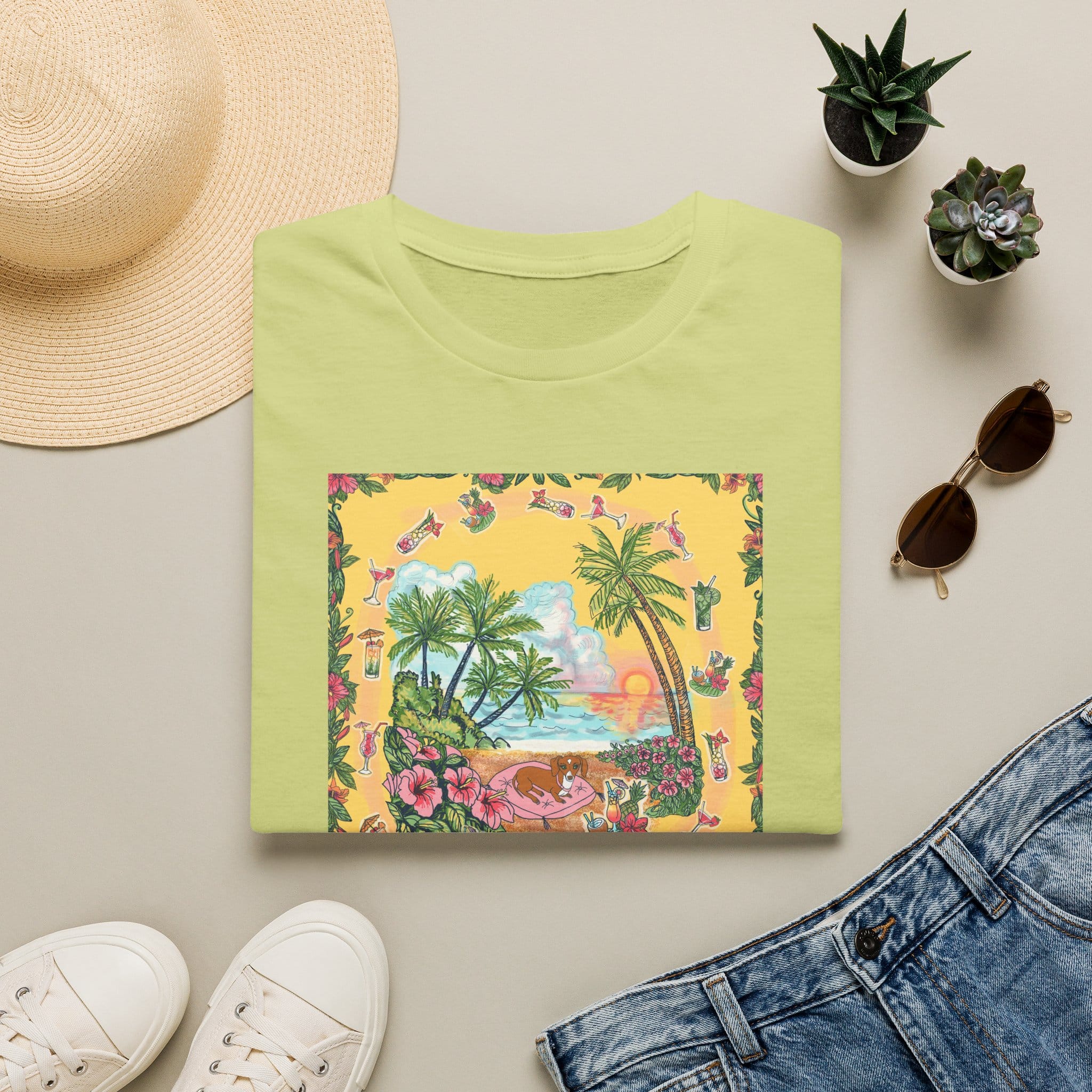 Girl Dachshund on a Tropical Sunset Beach T-Shirt — Vintage Beach Floral Graphic
