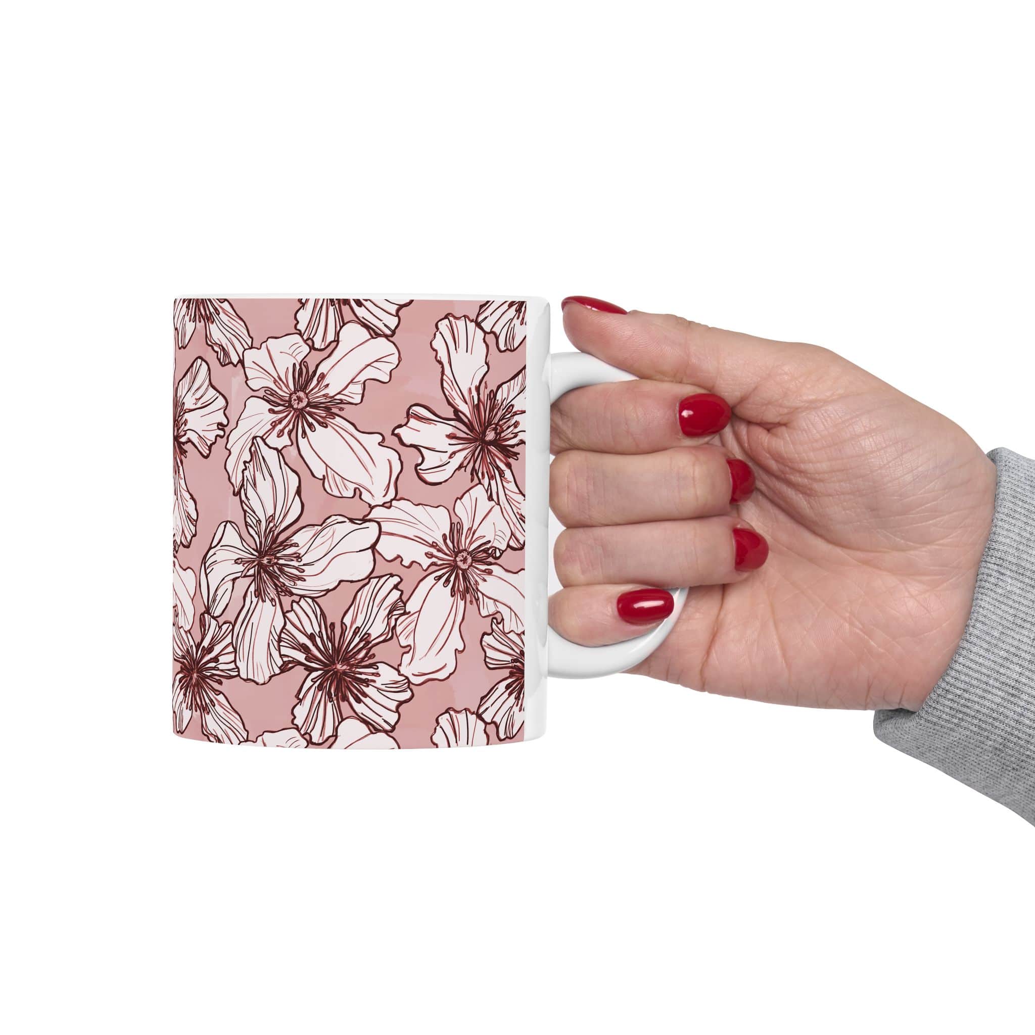 Blush Floral Ceramic Mug — Pink Hand-Drawn Clematis Flower Coffee Cup (11oz & 15oz) - Image 3