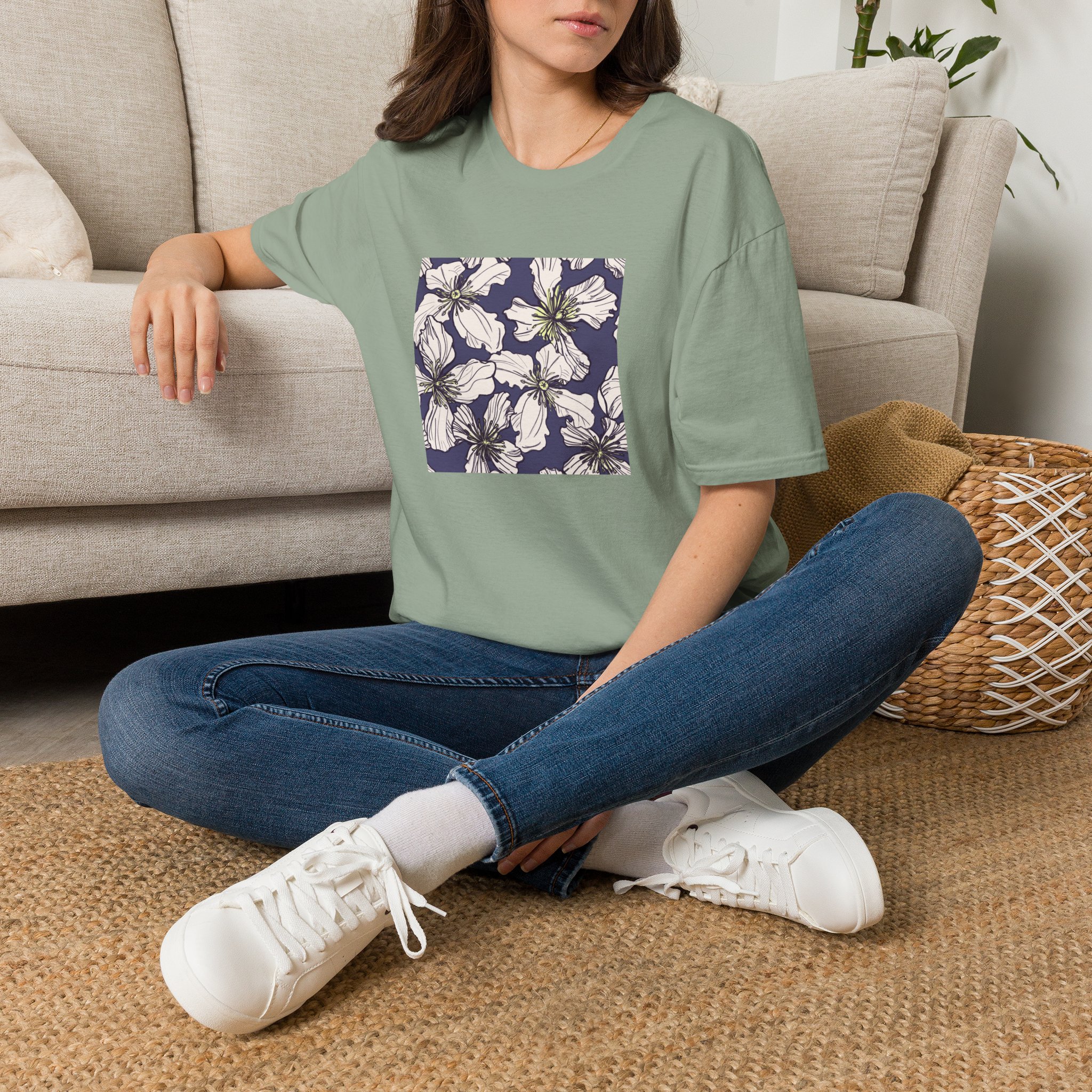 Floral Square Tee — White Clematis Print T-Shirt - Image 14