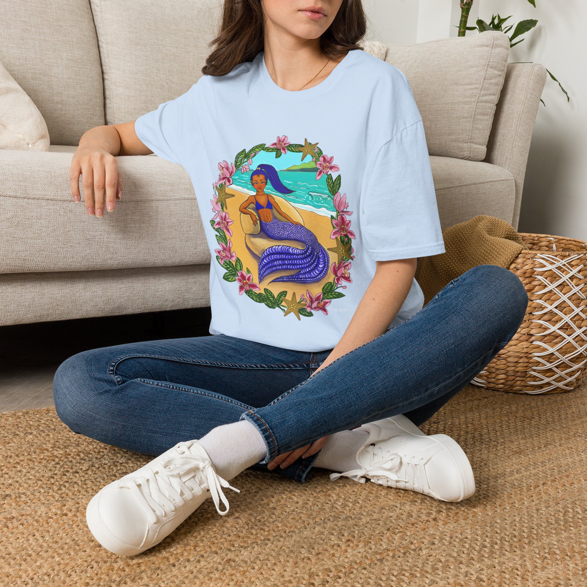 Blue-Haired Mermaid2 Beach Vibes T-Shirt — Tropical Floral Ocean Graphic - Image 2