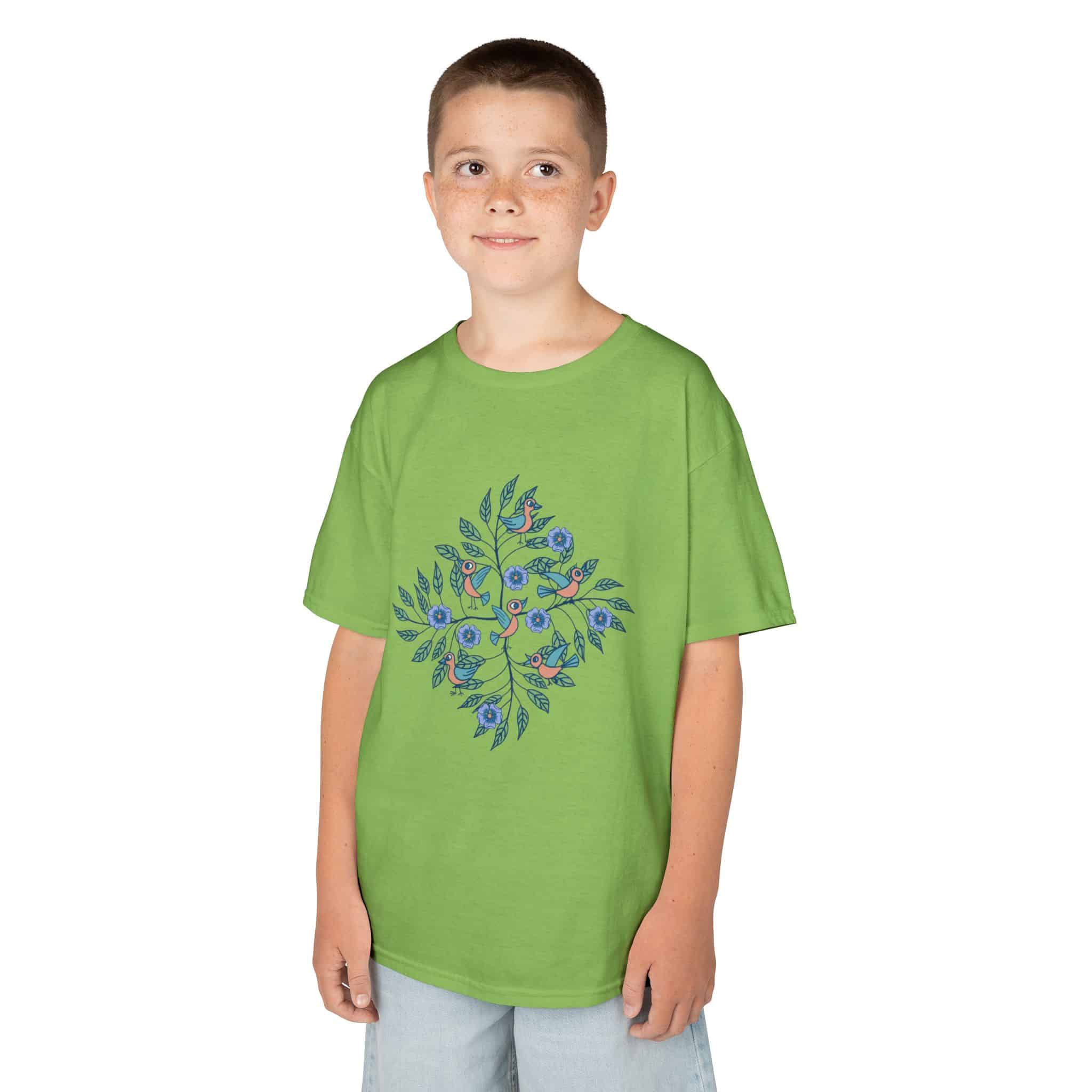 Kids Tee — Stick Figure Birds Floral Leaf Diamond Graphic - Image 13