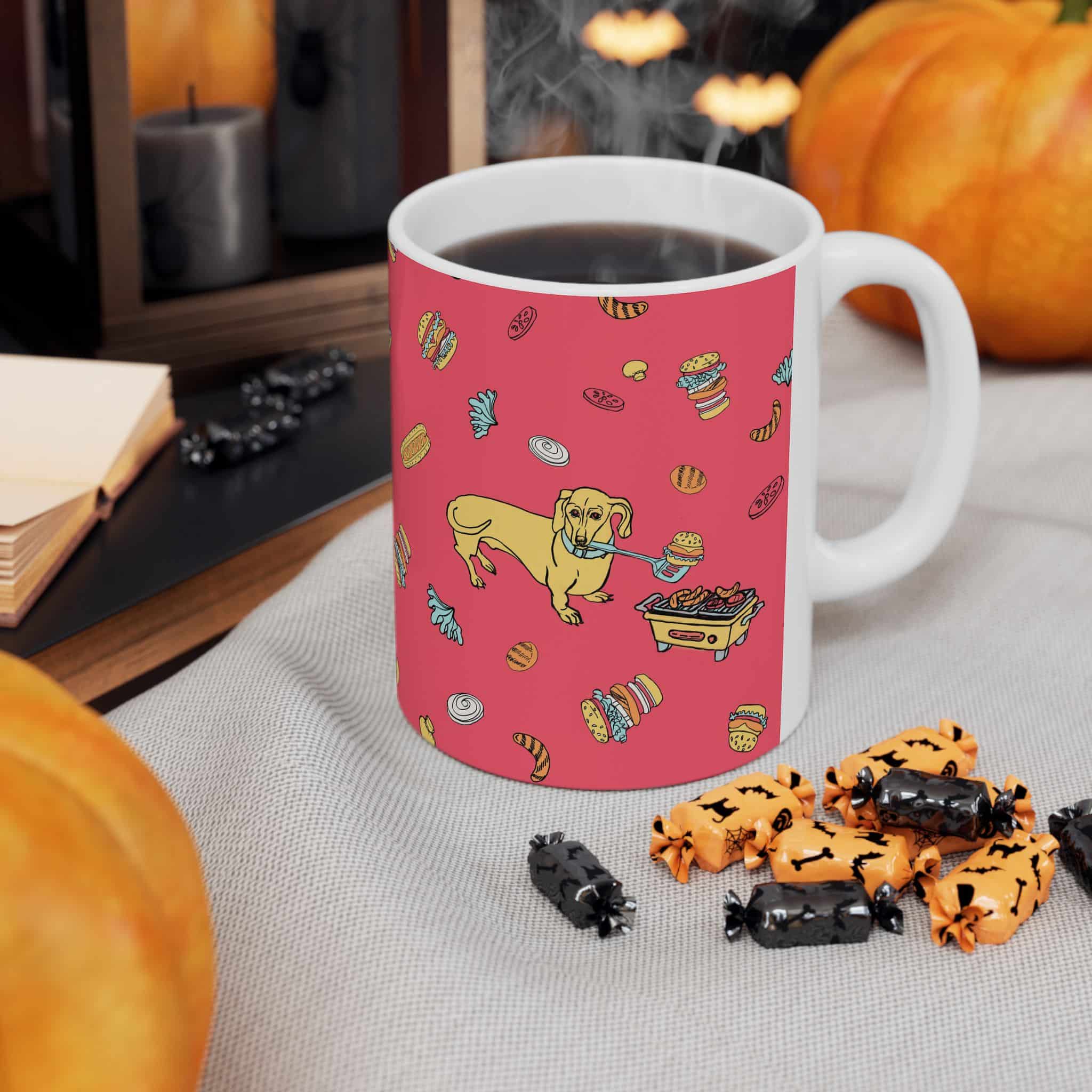Dachshund Cooking on Hibachi Pattern Ceramic Mug — Cute Burger & Hot Dog 11oz/15oz Coffee Cup - Image 4
