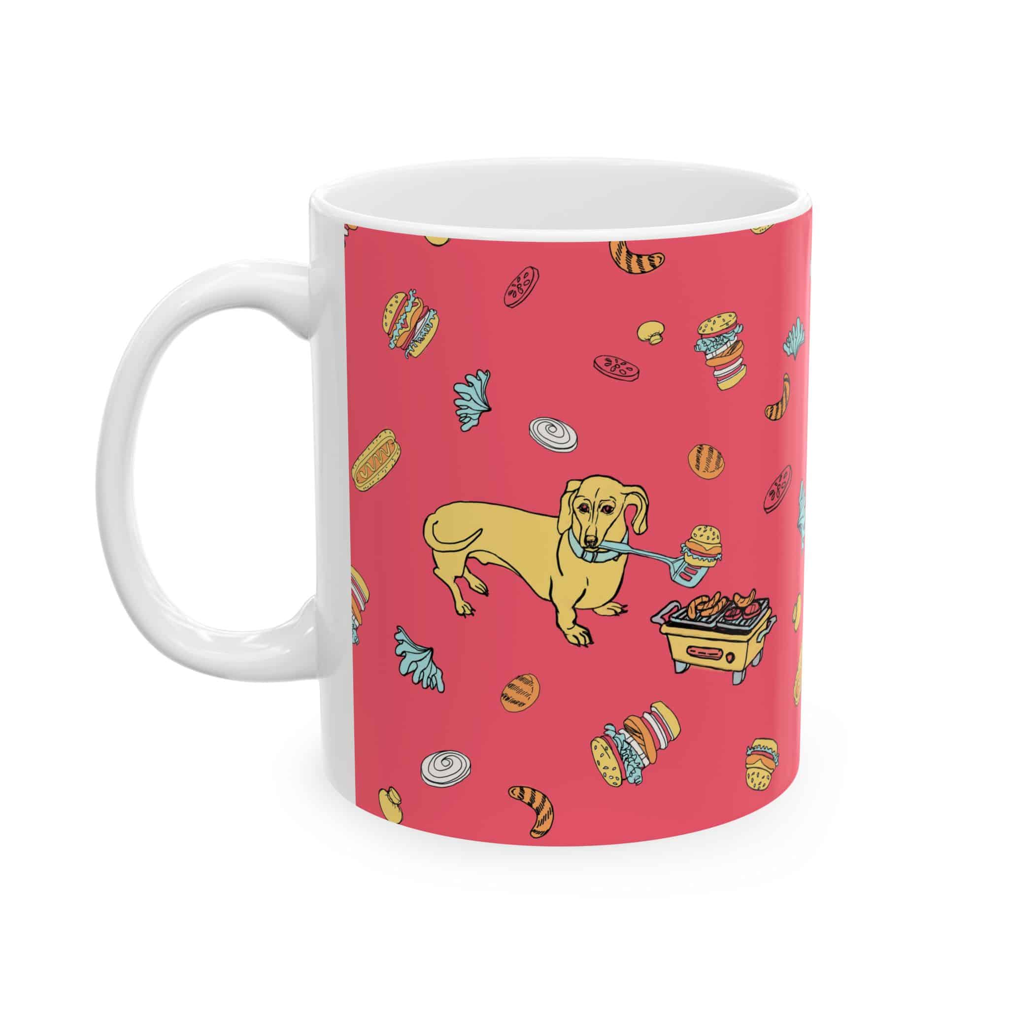 Dachshund Cooking on Hibachi Pattern Ceramic Mug — Cute Burger & Hot Dog 11oz/15oz Coffee Cup