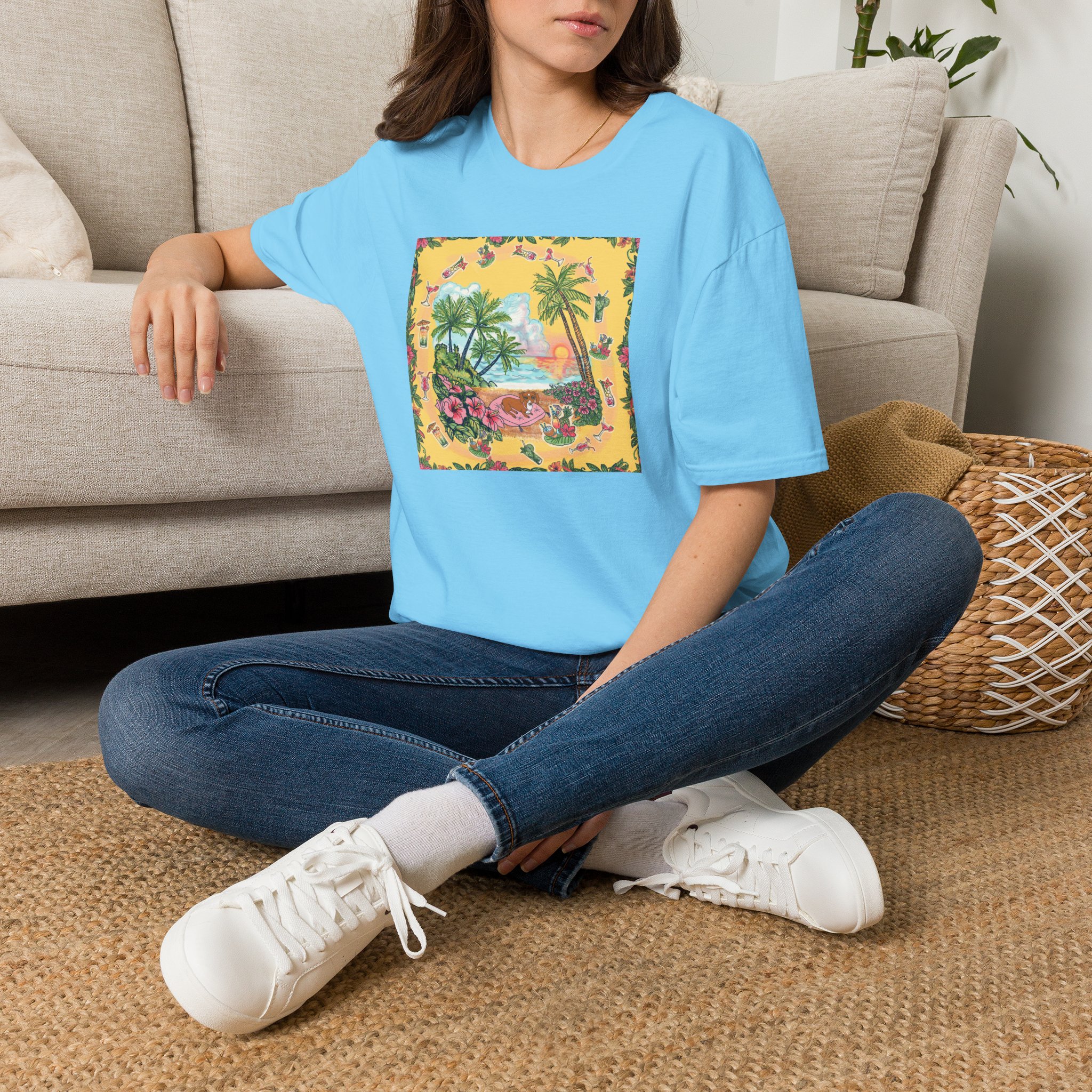 Girl Dachshund on a Tropical Sunset Beach T-Shirt — Vintage Beach Floral Graphic - Image 30