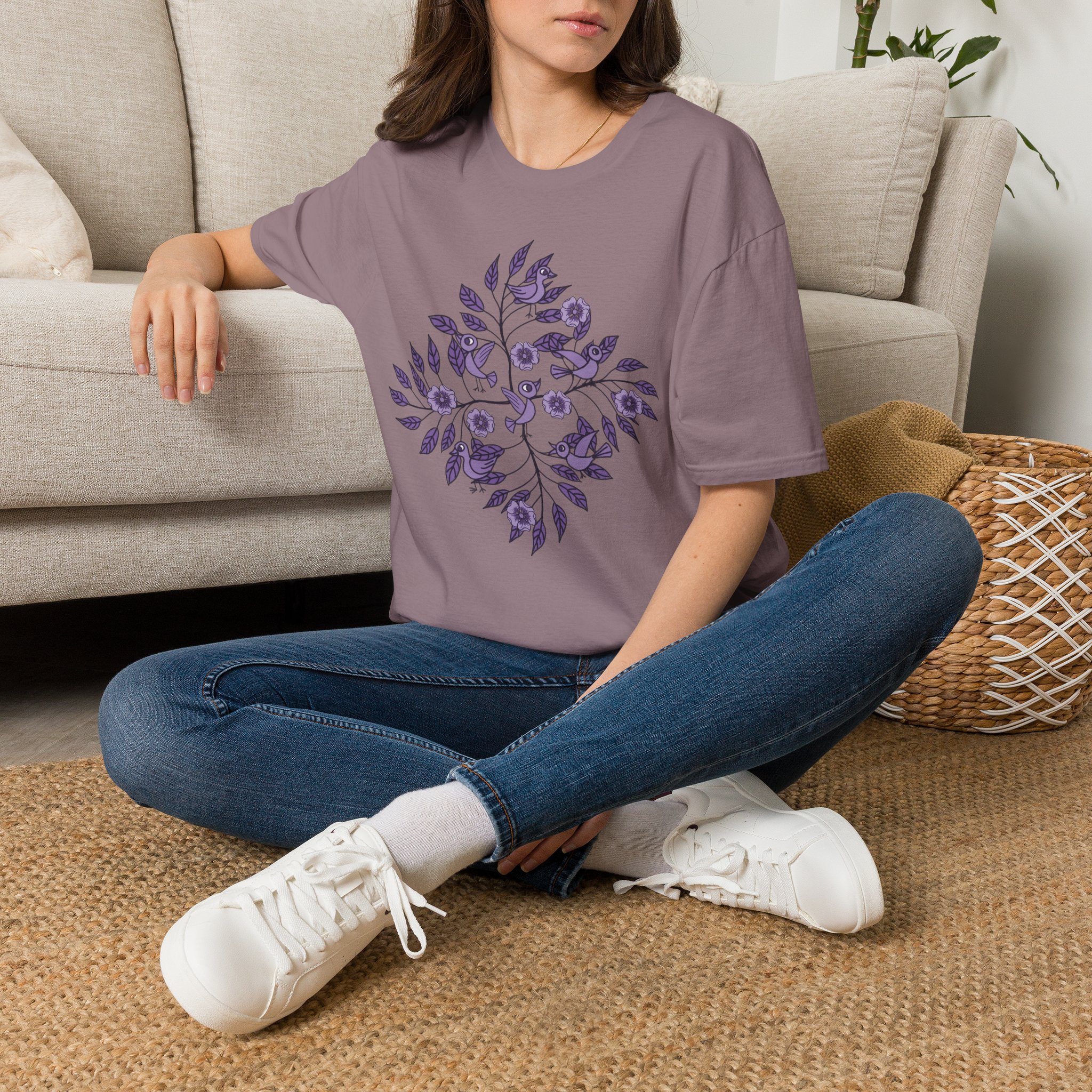 Floral Bird Tee — Purple Botanical Branch Graphic T-Shirt - Image 15