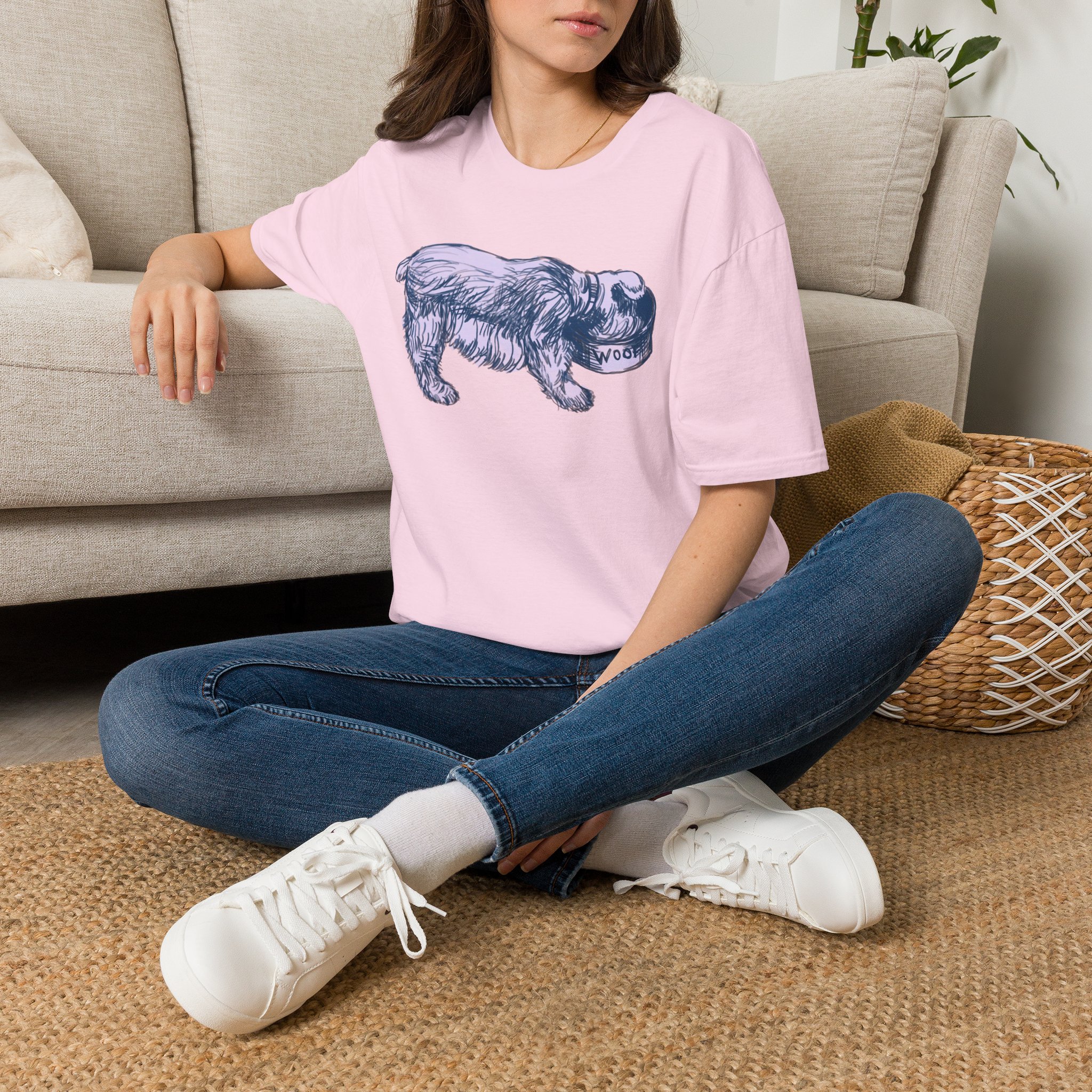 Quirky Vintage Pup Illustration T-Shirt — 'Woof' Dog Bowl Graphic - Image 5