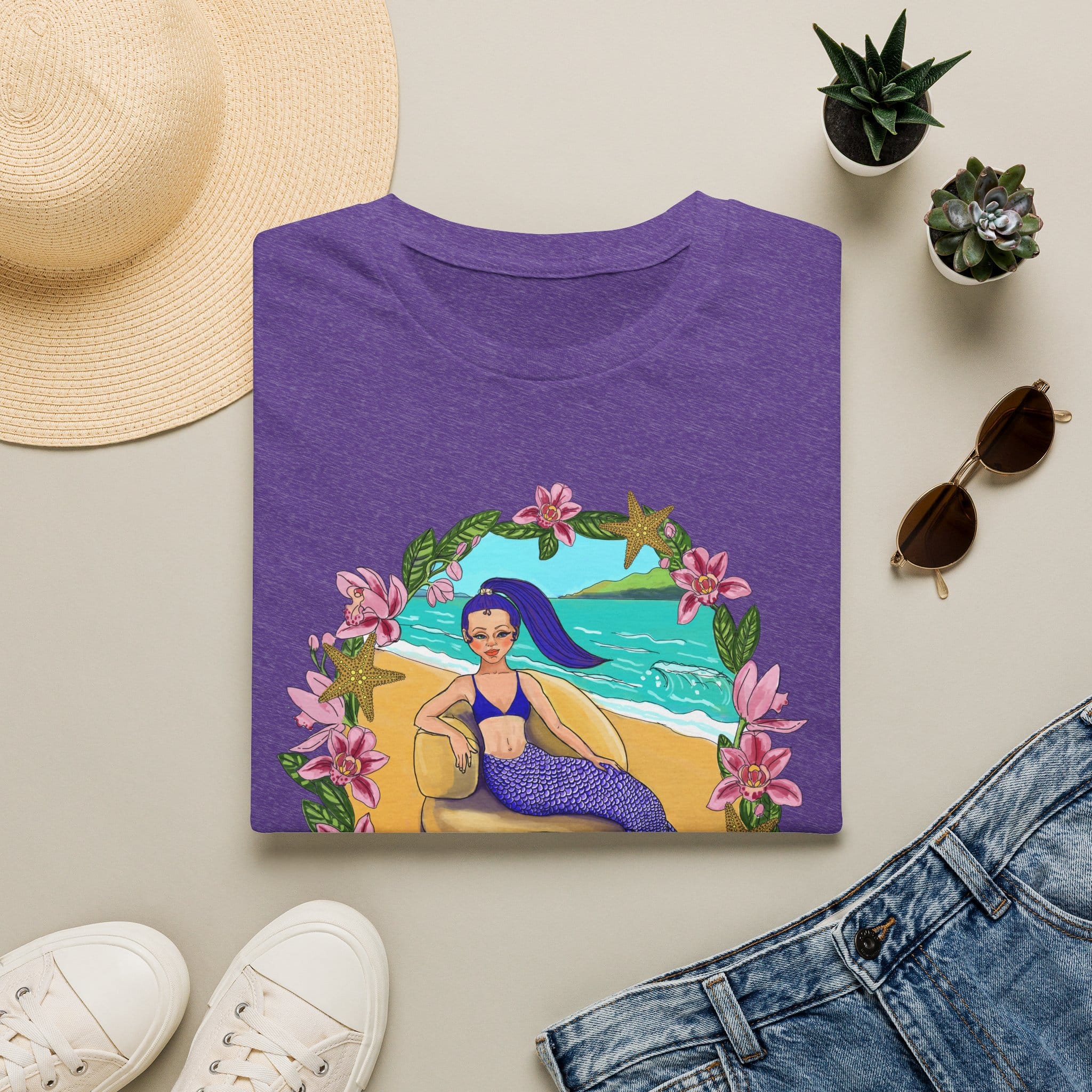 Blue-Haired Mermaid Beach Vibes T-Shirt — Tropical Floral Ocean Graphic - Image 22